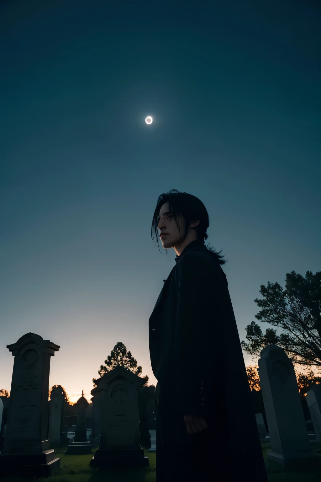 depressed, asymmetrical hair, black hair, cinematic lighting, backlighting, wide shot, Neoclassicism, 8k, super detail, ccurate, best quality, UHD，The dark and scary cemetery at night，full moon，Character facing away from camera，A handsome man，Large viewing angle