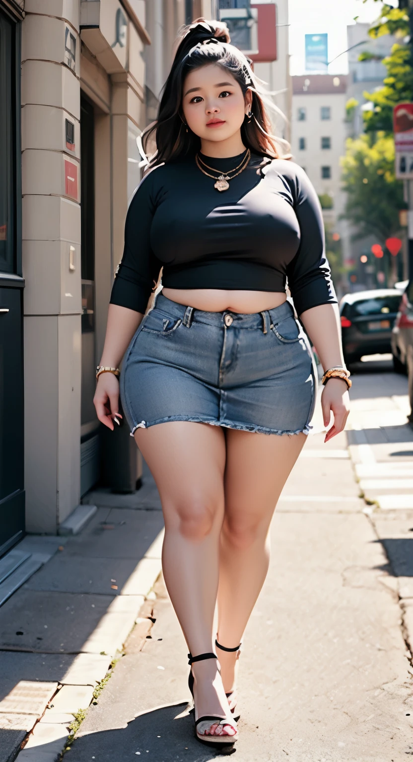 ((best quality)), ((masterpiece)), (detailed), perfect face, araffe woman in a dark-blue shirt and blue denim skirt walking down a street, thicc, she has a jiggly fat round belly, bbwchan, wearing tight simple clothes, skinny waist and thick hips, widest hips, her belly is fat and round, soft curvy shape, hyperrealistic full figure, wearing a cute top, wide hips, wearing 10 bracelet , wearing huge diamond necklace