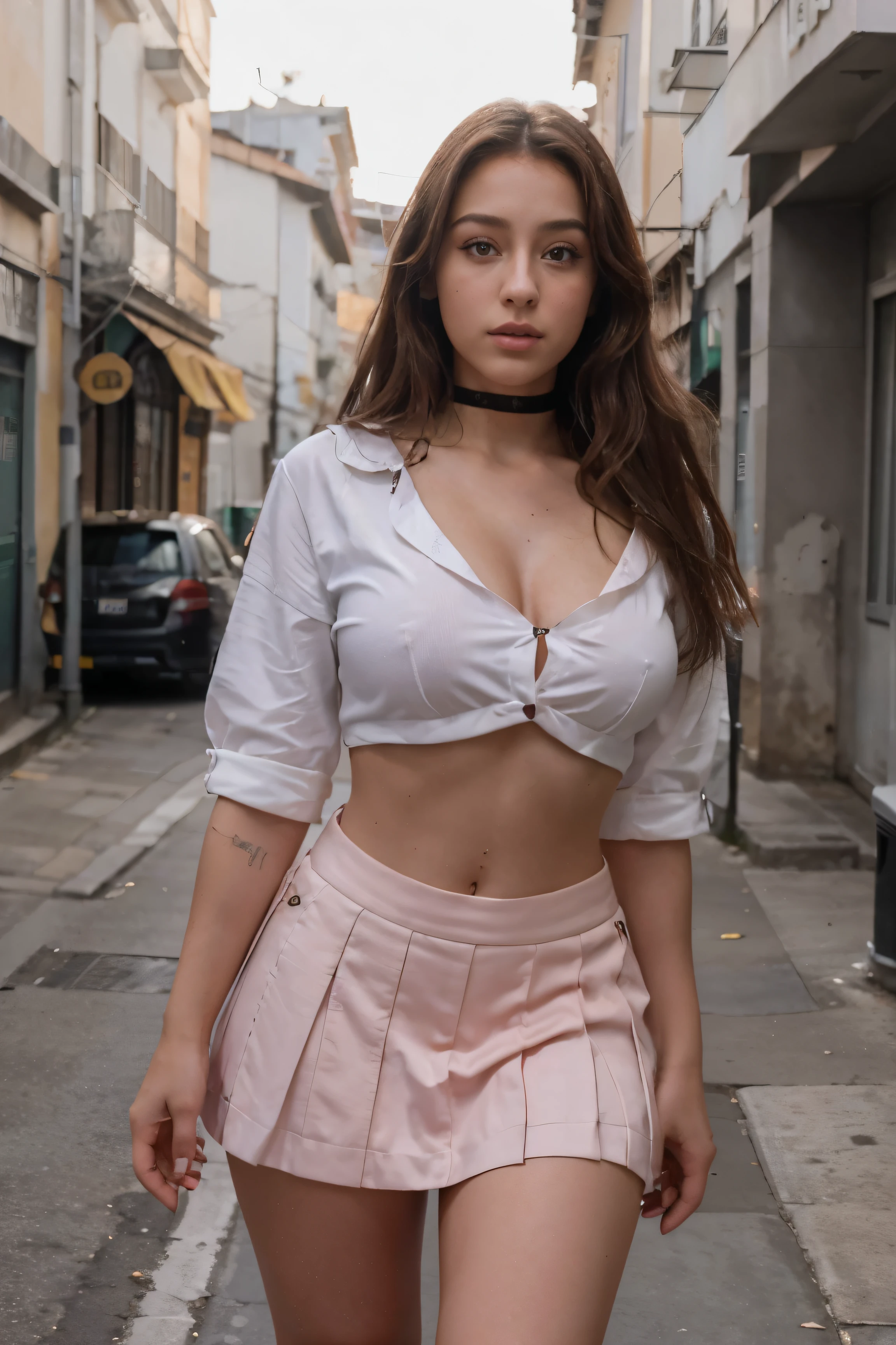 , Beautiful, 19 years, loira pLatinada, NFV, muito Beautiful, Sports, Brown eyes, Red lips, Band, to wear a school uniform, saia plissada light gray muito curta, thick legs, pernas Beautifuls, slim waist, White thigh high socks, short pleated skirt, light gray, mini skirt, white long sleeve shirt, Pink nipples, porcelain skin, The girl is wearing a black leather necklace., girl wears school uniform, meias brancas de coxa A girl stands on the street in a cyberpunk city., girl walks towards the camera, Under the midday sun, The girl is wearing clothes made of light fabric. full length photo, Standing Girl, Portrait of Sophie Mudd, thick neck, 19 year old model girl, Latina, Angela White, Violet Myers, 22, 21 years old, profile picture, Italian, Italian Latina, Alicia Debnam-Carey, Brown eyes, Realistic, Post-processing, Maximum detail,