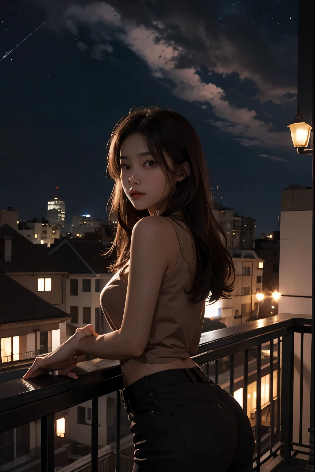 A beautiful woman. Dark brown hair. Twenty years old. She stares blankly at the night sky from the balcony of her apartment.