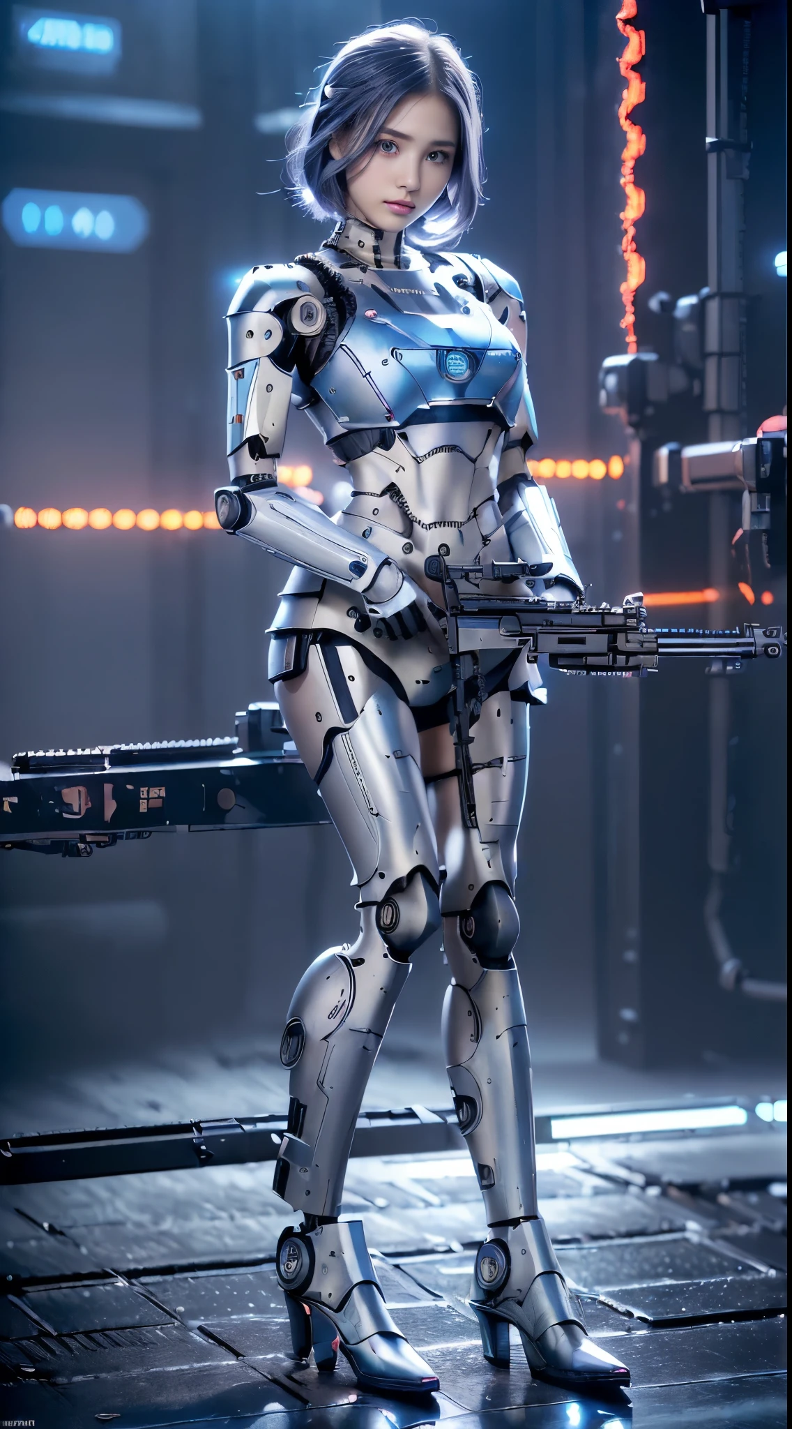 best ever、8k,(((Full body Esbian)))、(((plump breasts:1.3)))、(((luster)))、(((Metal)))、(((とてもlusterのある、Very hard armor:1.3)))、(((cyber punk)))、The cute beauty of the mecha、(highest quality, Detailed details, table top, chiaroscuro，big breasts、The bust photo is super realistic, Highly detailed Nikon videography:1.3)、beautiful navel、Human skin type、（(very photorealistic person))、(round eyes)、The detail of the iris of the pupil is amazing、precise fingers、故障のない手feet、(((Caucasian 21 years old, woman)))、((Very fair skin))、natureに閉じた口、natureな乳輪、nature 、staring eyes、natureな体、baby face、womanらしい顔立ち、womanらしい体、(With a round face)、small face、soft cheeks、looking at camera、Full body Esbian、Human skin type、（(very photorealistic person))、(round eyes)、The detail of the iris of the pupil is amazing、故障のない手feet、natureに閉じた口、natureな乳輪、nature 、staring eyes、natureな体、womanらしい顔立ち、womanらしい体、With a round face、small face、soft cheeks、looking at camera、Full body Esbian、balanced face、drooling eyes、(that&#39;Not eyes that will blind you.)、Body with human-like proportions、(((slightly longer arms)))、(fairly long torso)、(((slightly larger hands)))、human face、(((Shining blue light blue silver hair)))、(((cool and cute short hair)))、(((The background is the future)))、(((8 heads and bodies)))、(((purple eyes)))、(((thin, thin silver eyebrows)))、(((thin eyebrows)))、Gentle double eyelids、(((kind face)))、(((Background Mecha)))、blade runner、(((Possession of a machine gun:1.5)))、(((Machine gun firing:1.4)))、(((Hold a machine gun:1.6)))、(((womanロボコップ:1.3)))、ghost in the shell、tron、space detective gavan、knock、police officer、(((night background)))、(((no makeup)))、(((Hollywood science fiction movie quality)))、(((New York in 5000 AD)))、((teal and orange))、height: 164cm、Leg length 80cm、Head length is 21cm、,very subtlyＸfeet、(((attack posture:1.9)))、(((激しいattack posture:1.9)))、(((Raise your right arm:1.9)))、(((A large amount of red light rays from the glowing chest:1.9)))、(((being destroyed:1.9)))