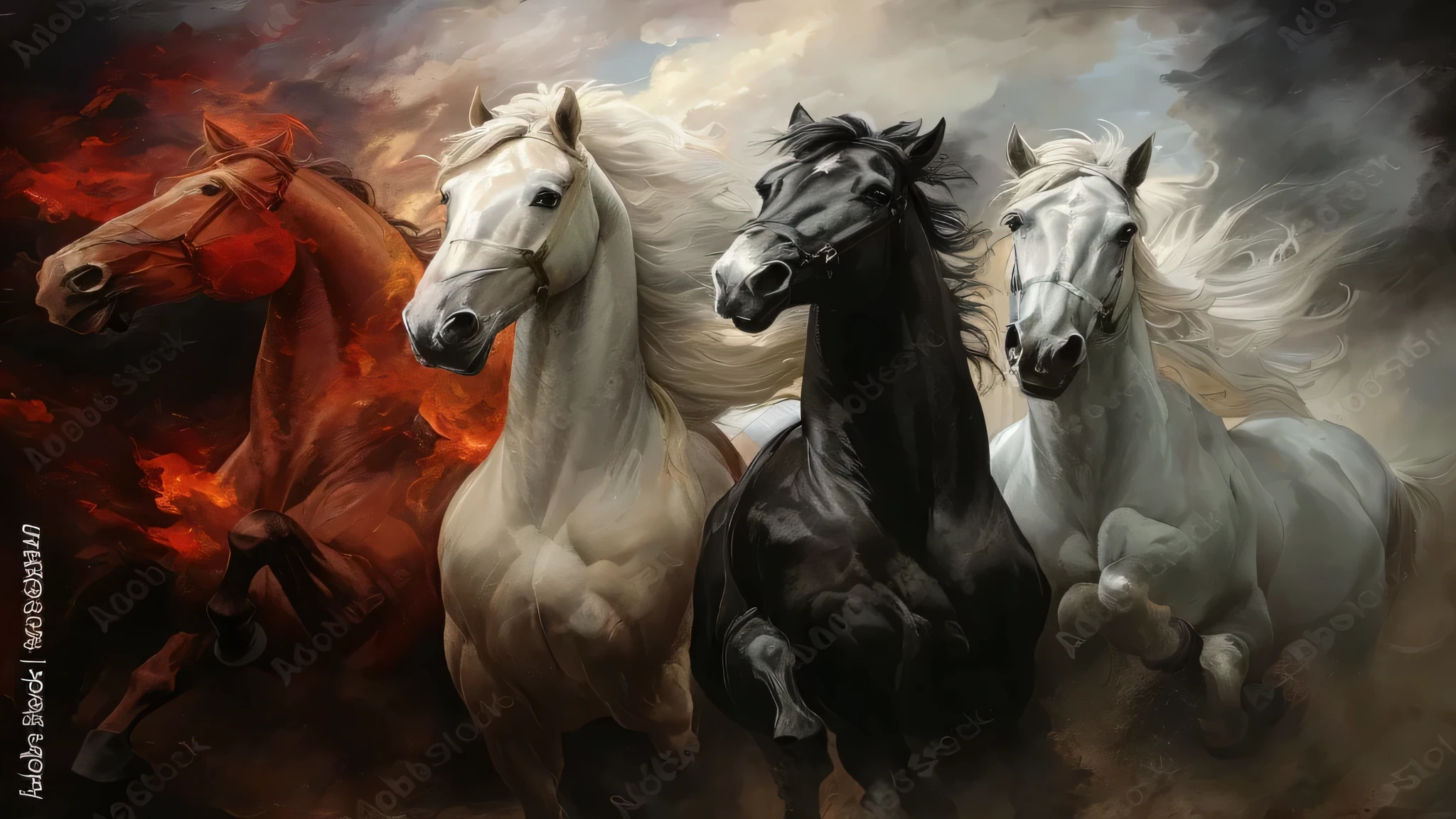 painting of four horses running in a line in a field, four horsemen of the apocalypse, horsemen of the apocalypse, dramatic oil painting, majestic horses, horses, horses in run, fantasy oil canvas, fire and flames mane, digital art oil painting, oil digital painting, high quality digital painting, airbrush digital oil painting, horse racing concept art