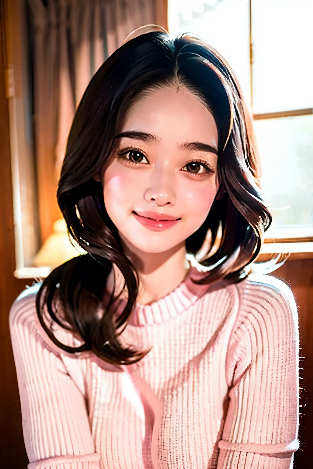 best quality,realistic,soft lighting,warm colors,simple composition,peaceful atmosphere,subtle shadows,long wavy hair,smiling face,innocent expression,large round eyes,pink lips,comfortable pose,natural beauty,detailed texture,gentle brush strokes,impressionist style,fine art,pastel tones.