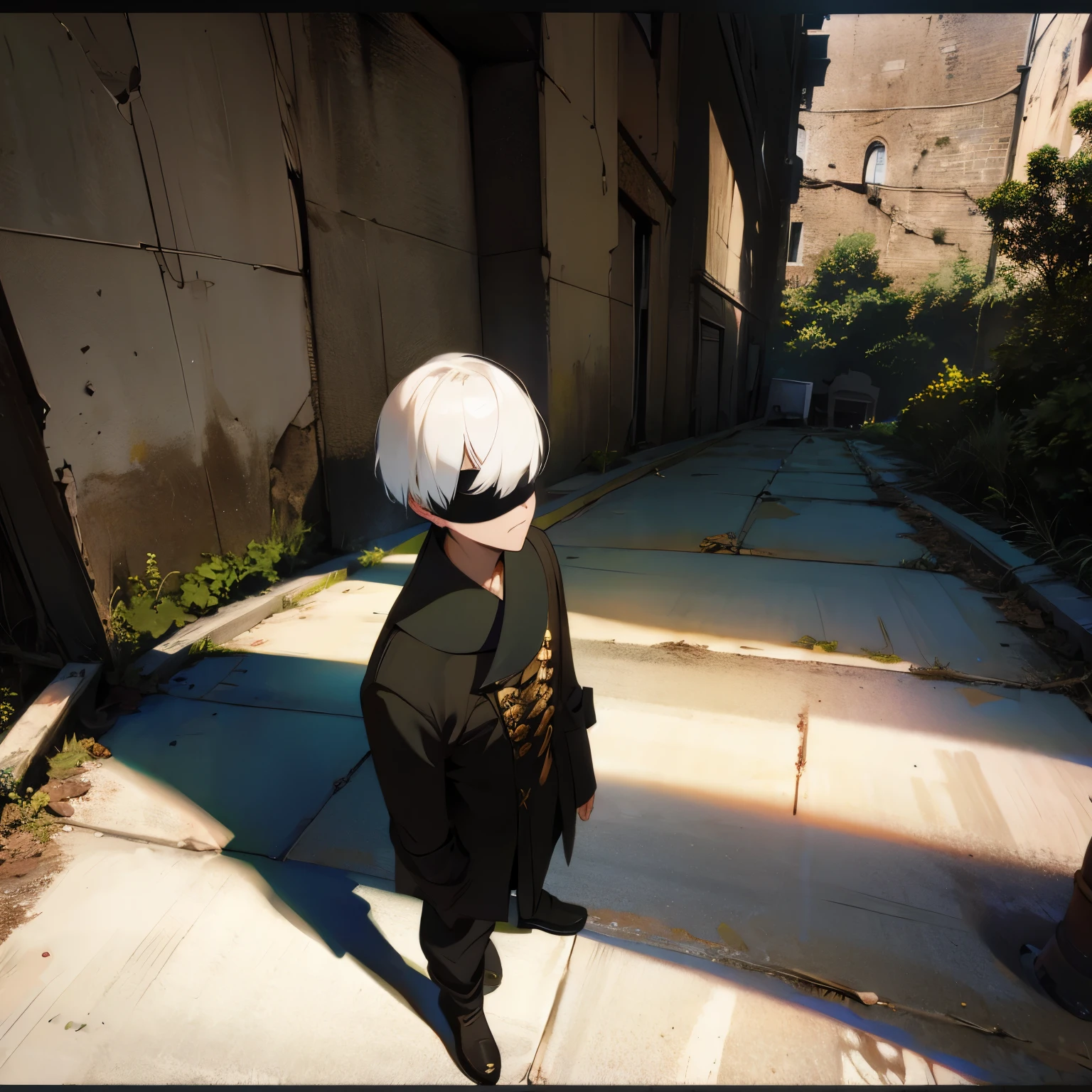 1 man. Adult.  White hair.  His eyes are covered by a black bandage. Full body. In a city ruins 