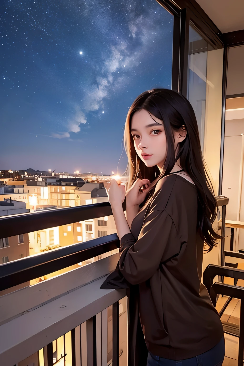 A beautiful woman. Dark brown hair. Twenty years old. She stares blankly at the night sky from the balcony of her apartment.