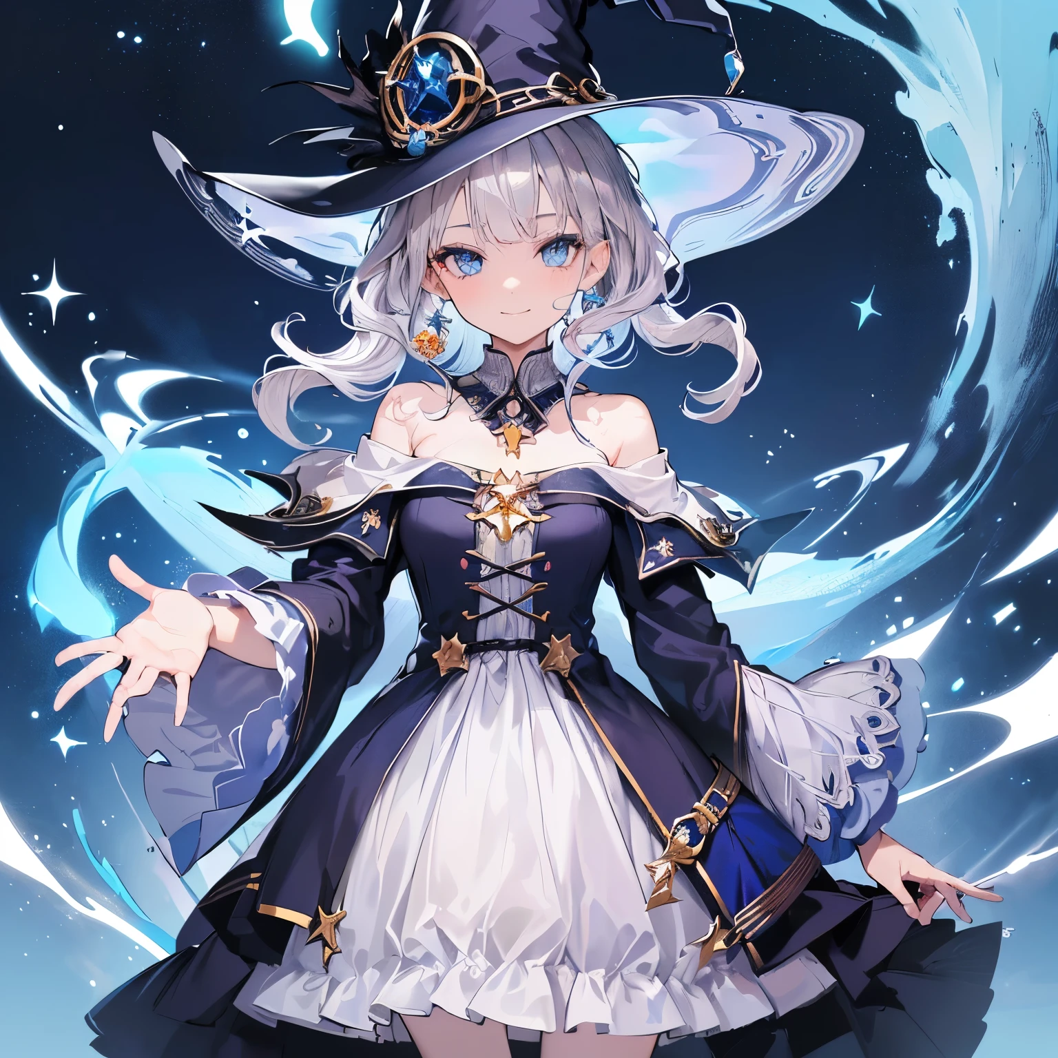 ((Best quality)), ((Masterpiece)), ((Ultra-detailed)), (illustration), (Detailed light), (An extremely delicate and beautiful),Dramatic perspective,A charming young girl,sorceress woman,Cute face,magestic,Black magic robe,Short black shawl,Big black witch hat,white dresses,Glasses,((Wave your big wand to cast spells)),((Water magic))