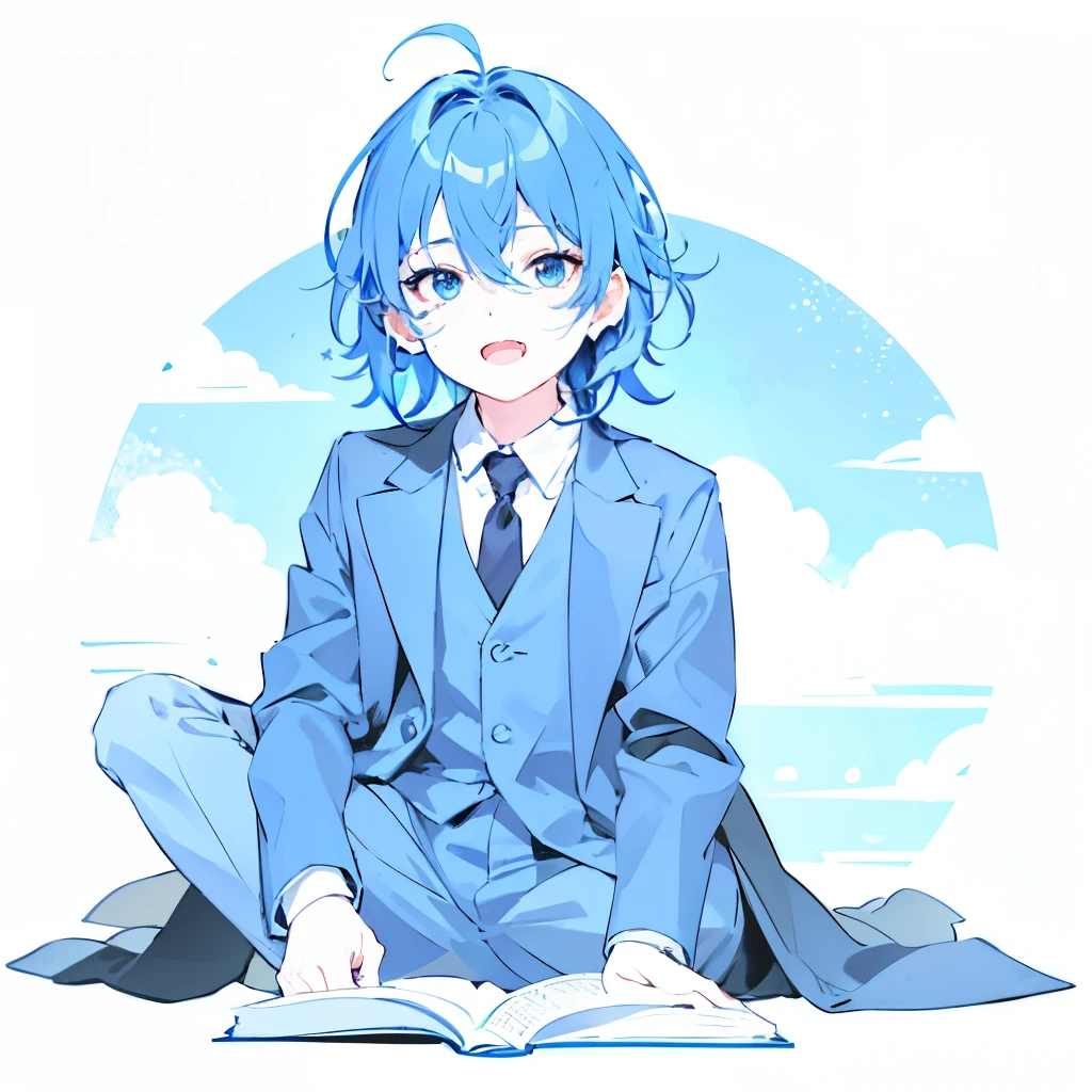 high-resolution, top quality, BestQuality:1.3, ultra detailed 4k cg, ultra detailed 8k cg, lighting forward, ((dark lower eyeshadow)), blue hair, (cool), (((kids))), (black eyes with no light), A long black suit jacket over a white shirt, (no background), baggy clothes, male kids sitting on the floor and reading a book, grin, fang, (tired hair:1.5), open mouth