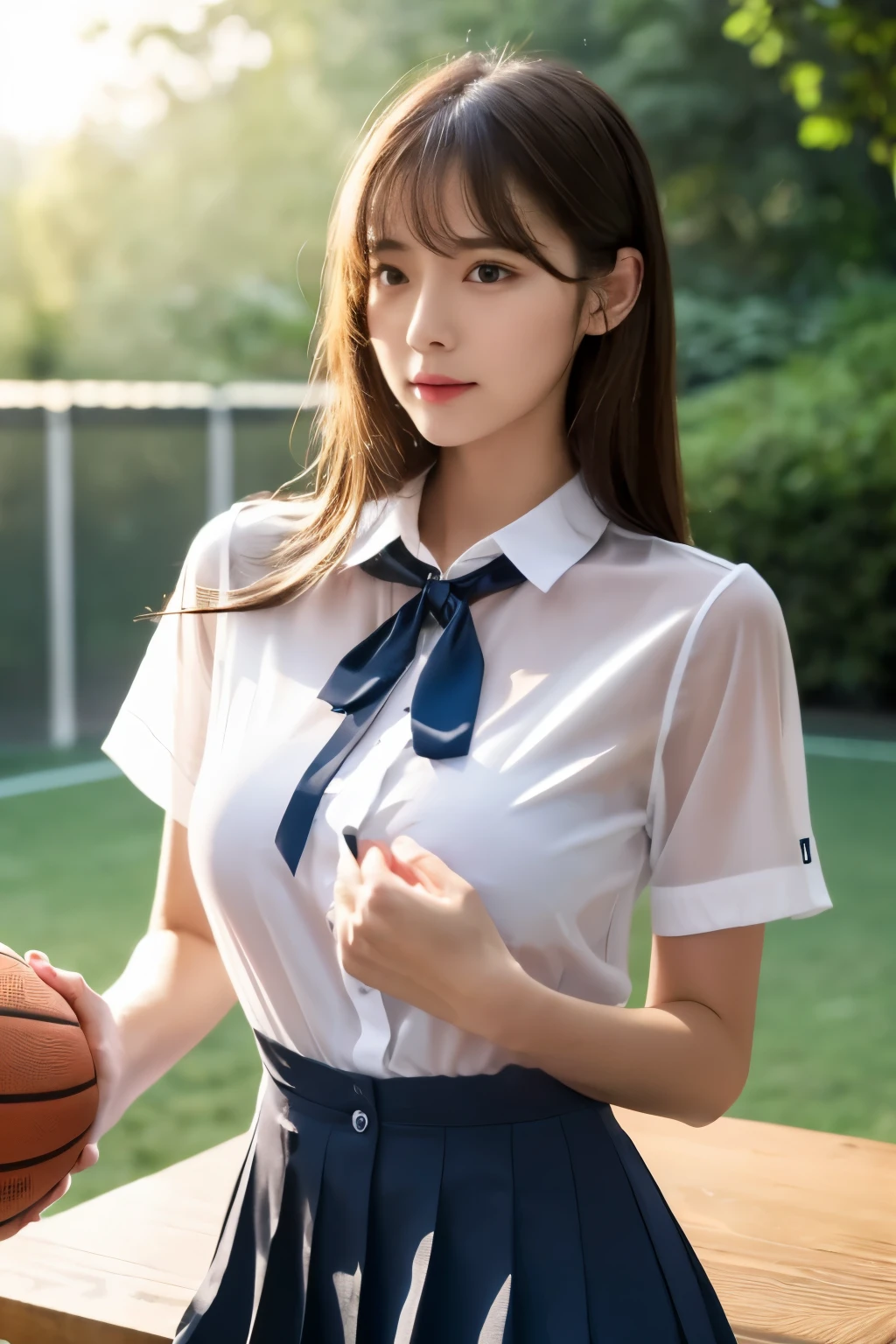 1womanl, up of face, Colossal tits,light brown hair, Blunt bangs, hair behind ear, hair over shoulder, Long hair, slender body shape, Ultra Fine Face, Thin face, Delicate lips, Beautiful eyes, thin blush, eyes are light brown, perfect glossy skin, flawless skin, Glistening sweat,View here, Ultra-thin hands, Ultra-fine fingers:realisitic:1.3), Broad-leaved forest, (Holding the basketball aside:1.4), One-person viewpoint, Fuji Film, 8K, masutepiece, nffsw, Super Detail, High quality, Best Quality, hight resolution, ((Don't show your fingertips))、the golden hour Beautiful light, (((Schoolgirl Uniform)))、(((White Short Sleeve Low Cut Front Button Shirt、Dark blue ribbon)))、((Ultra Micro Mini Dark Blue Pleated Skirt)) ((Colossal tits)) (((Positive image:1.3))),((Very thin sheer shirt worn on bare skin:1.2))、(hard nipples erect)、(nipples pointing up)