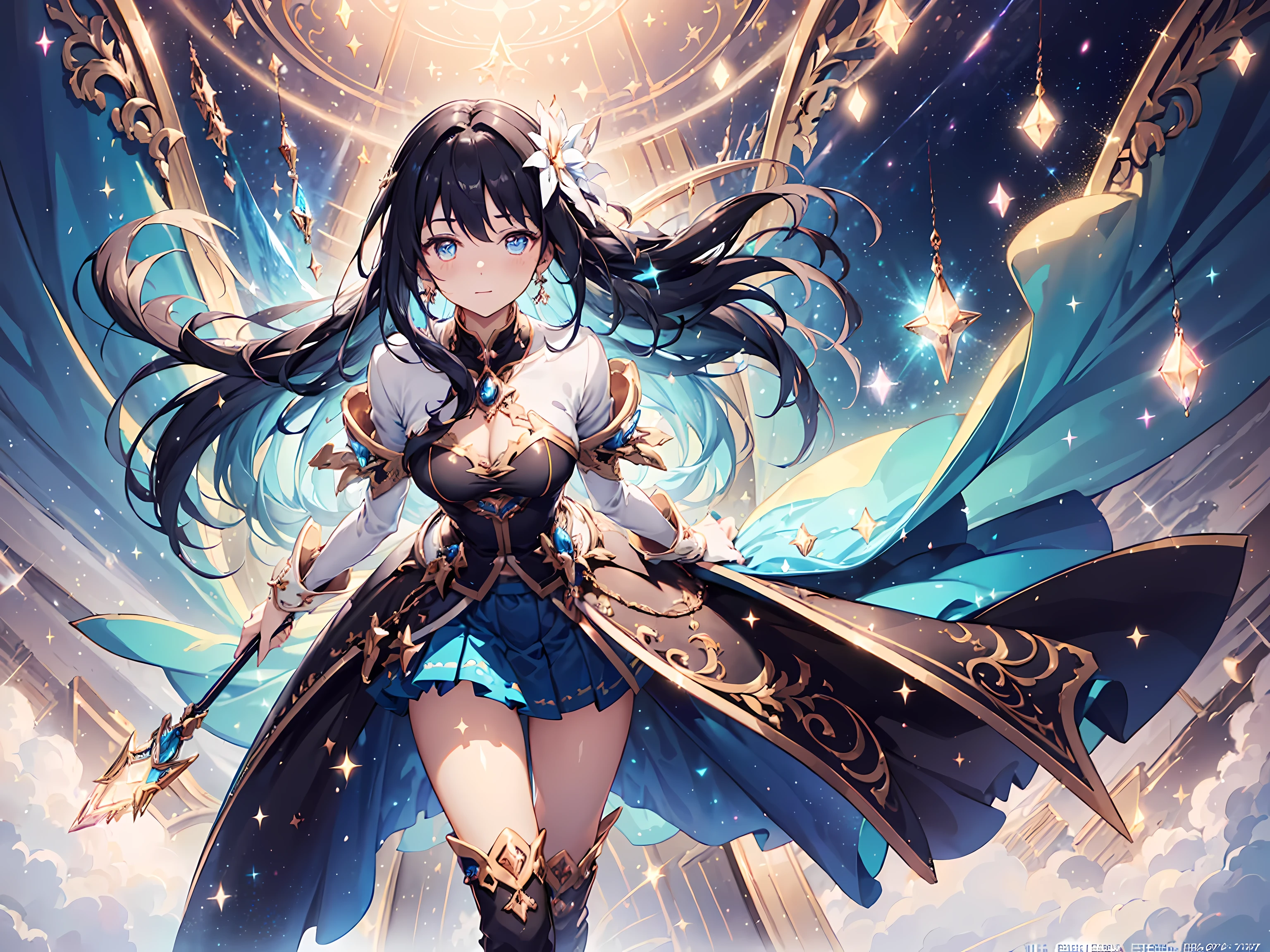 ((magical )), ((Gorgeous starry sky background)), ((Ultra-detailed)), ((Best Illustration)), ((Cinematic lighting)), Dynamic Angle, Floating, finely detailed,transparent costume， (glitters:1.2), (Sparkle:1.2), (Shine:1.2),  (Best quality), (Masterpiece:1.2), (Anime style), (Solo), Beautiful detailed face, (Cute face:1.3), Colorful hair, (Long hair:1.2), (Floating hair:1.2), (magical girl outfit), detailed outfits, (Sparkling wand:1.3), (Magical effect:1.3), (Flowing skirt:1.2), (Cute boots:1.1), (Transparent fabric:1.1), (Twinkle:1.2), (Glow:1.2), (Radiance:1.2), (Flicker:1.2), (Dark style:1.2)
