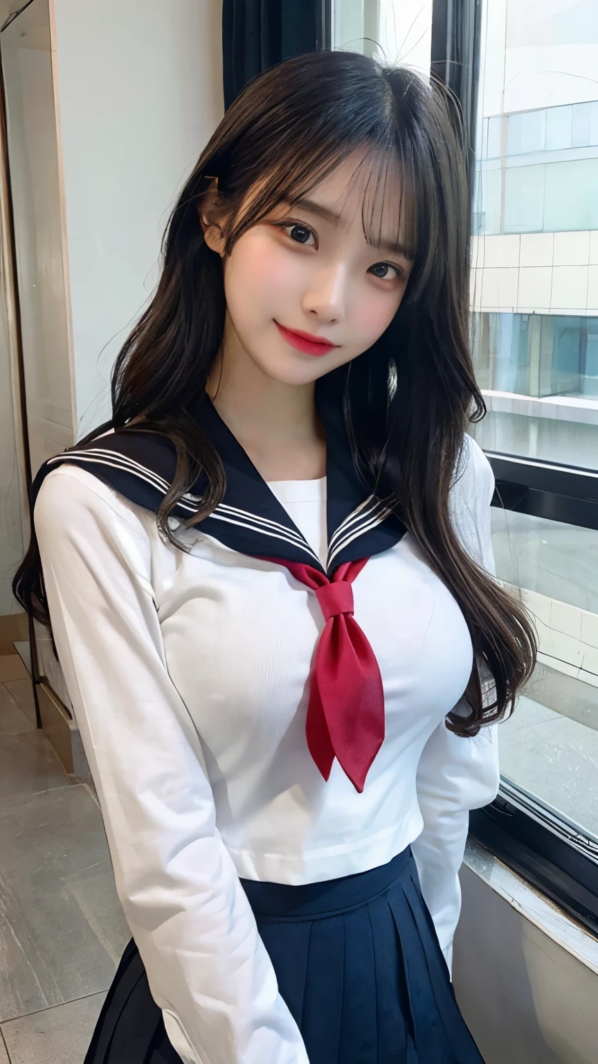 (masterpiece, best quality),nsfw,
1girl, standing, arms behind back, cute, (head tilt:1.3)
BREAK girl, black hair, medium long hair, (straight hair:1.2), black eyes, ultra detailed eyes, (huge breasts:1.1), hanging breasts, (tareme:1.3)
smile, closed mouth,
BREAK school uniform,
(sailor, tight shirt, skin tight, fitted:1.3),
(underbust:1.1),
(white shirt, long sleeves:1.2), black sailor collar,
red neckerchief,
BREAK black pleated skirt, white socks
BREAK classroom,window