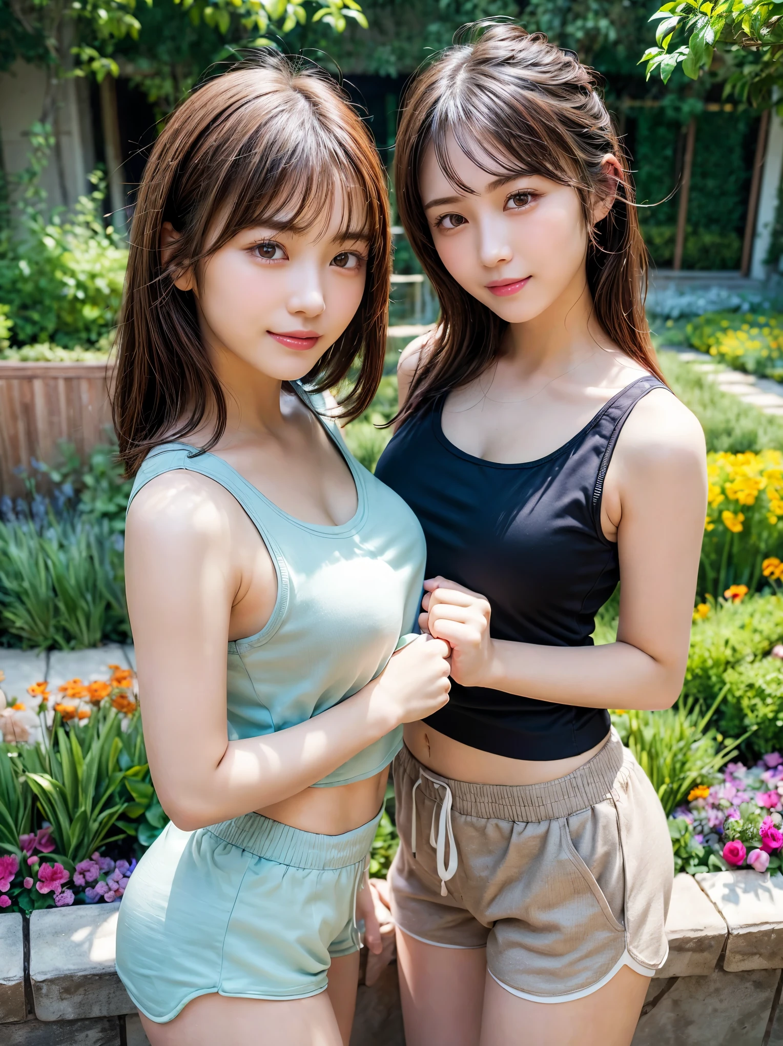 two girls at the track and field,wearing a track and field uniform、sports bra、beautiful butt、bloomers、Plump round butt,compression shorts,18-year-old,bangs,a little smile,thighs,knees,short cut hair,low ponytail,from below,front light、big breastoriman