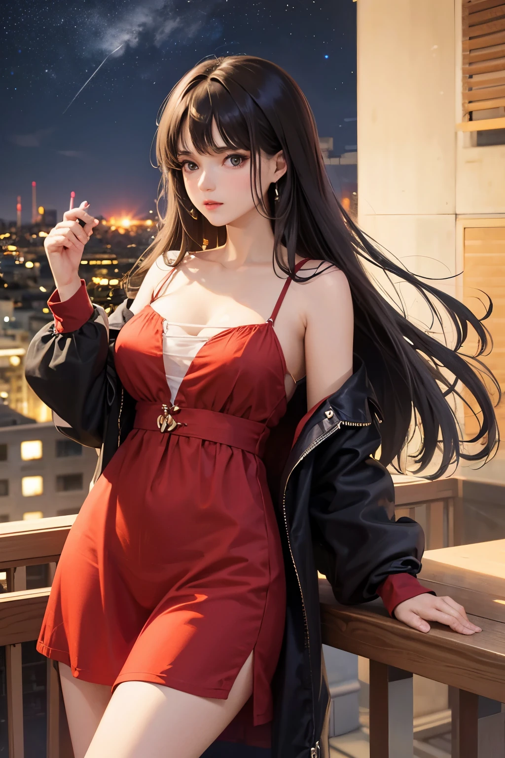 A beautiful woman. Dark brown hair. Twenty years old. She stares blankly at the night sky from the balcony of her apartment.