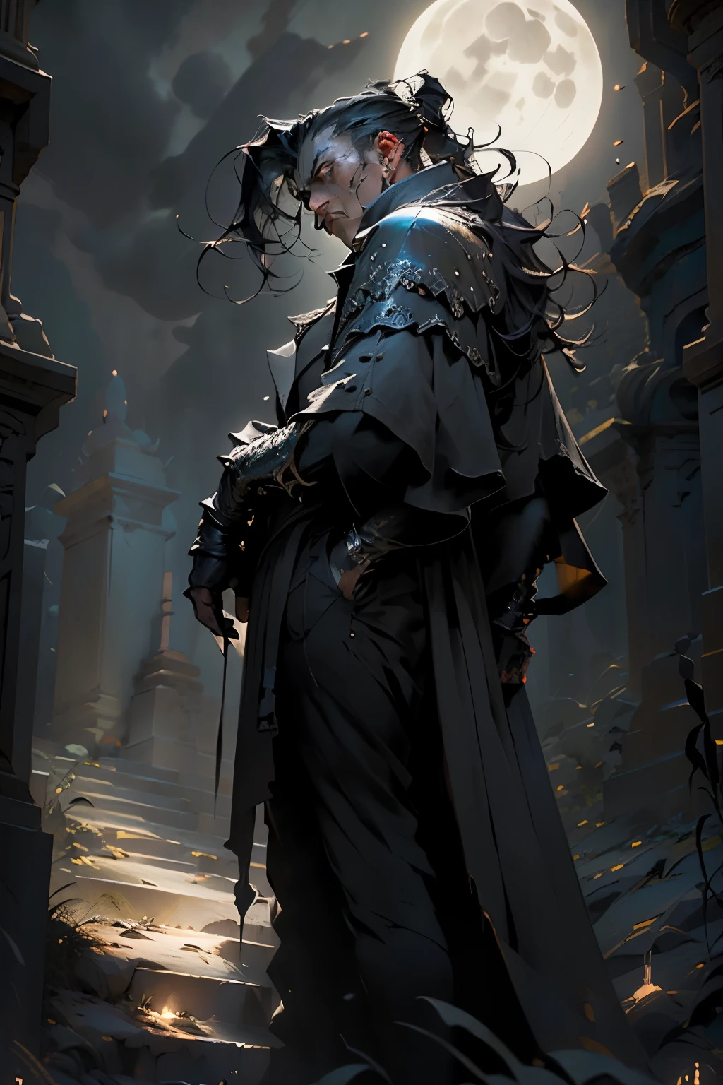 depressed, asymmetrical hair, black hair, cinematic lighting, backlighting, wide shot, Neoclassicism, 8k, super detail, ccurate, best quality, UHD,The dark and scary cemetery at night,full moon