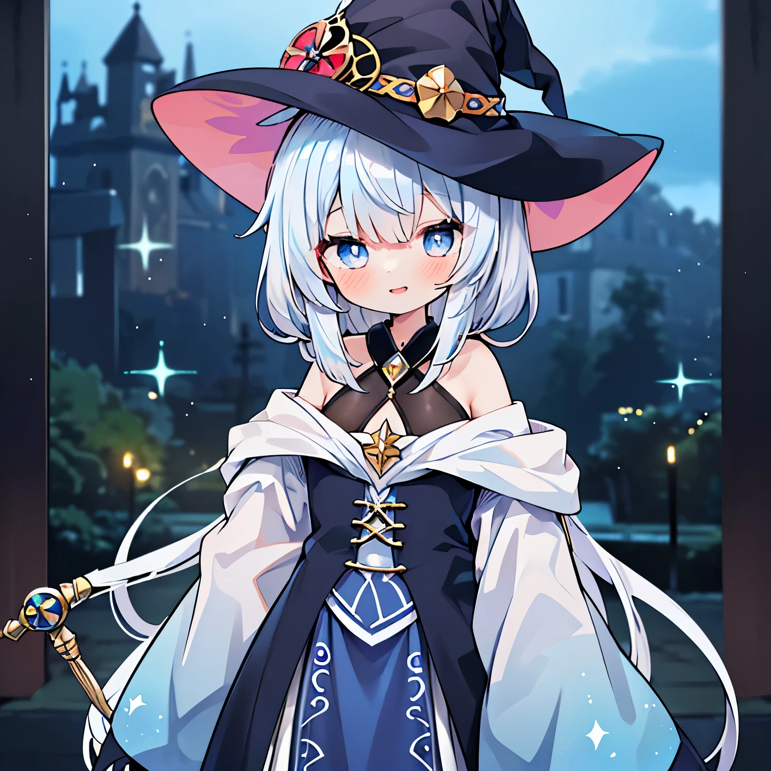 ((Representative work, best quality), (Eyeline)), (((Concentrated))), (1 Girl, Witch Girl), ((Hair color is multicolor, gradation silver hair, 1.2), (Light blue eyes), (Off-shoulder dress, Witch's clothes)) and (Cowboy shot, eyes with atmosphere) Cute face, curly hair, nice clothes, witch's hat, witch stick, fantasy, magic, sparkle, smile