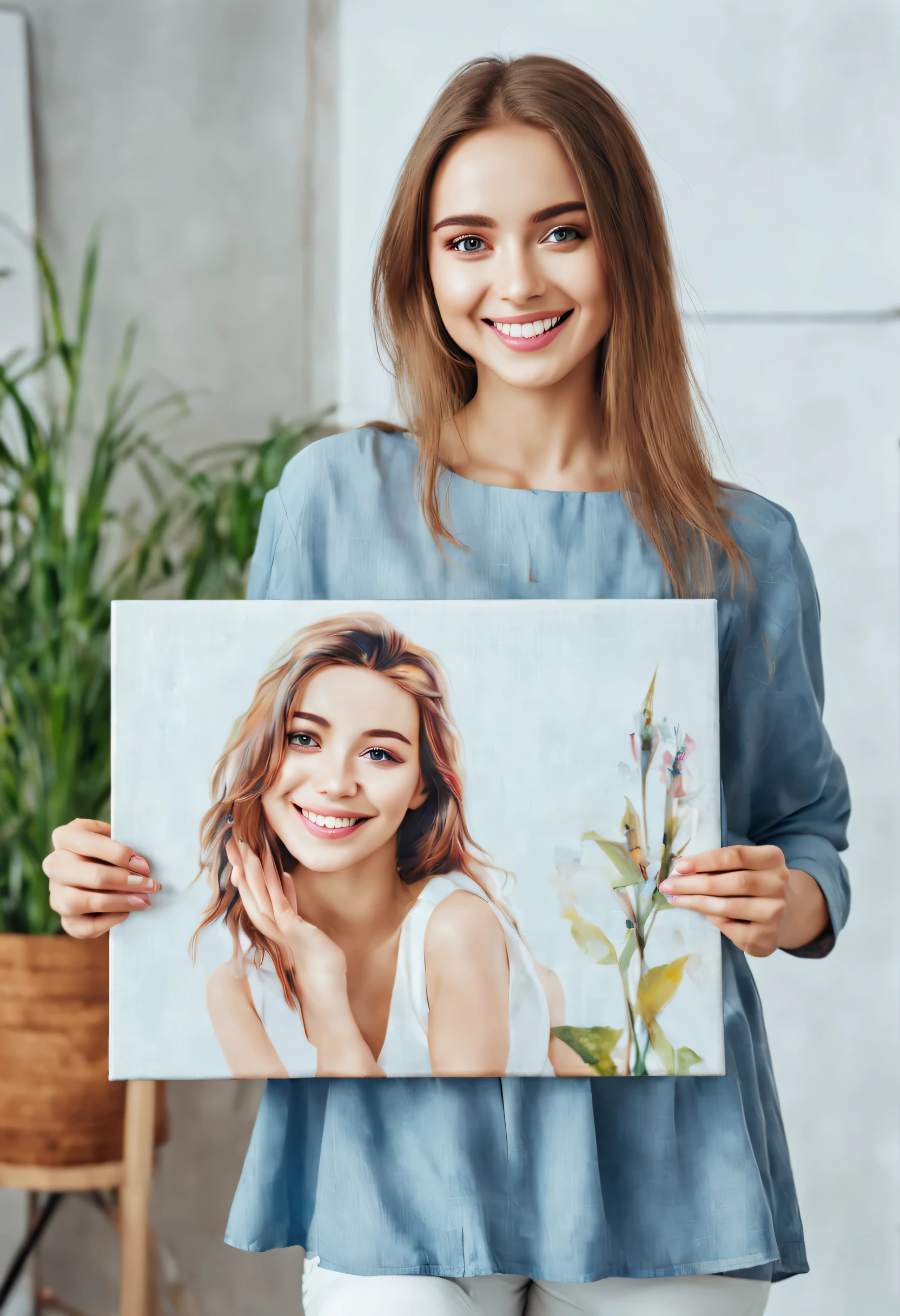 Beautiful girl European appearance, smiling, holding a photo painting on canvas, the room is bright, photo, natural hands, eyes, clear photo quality