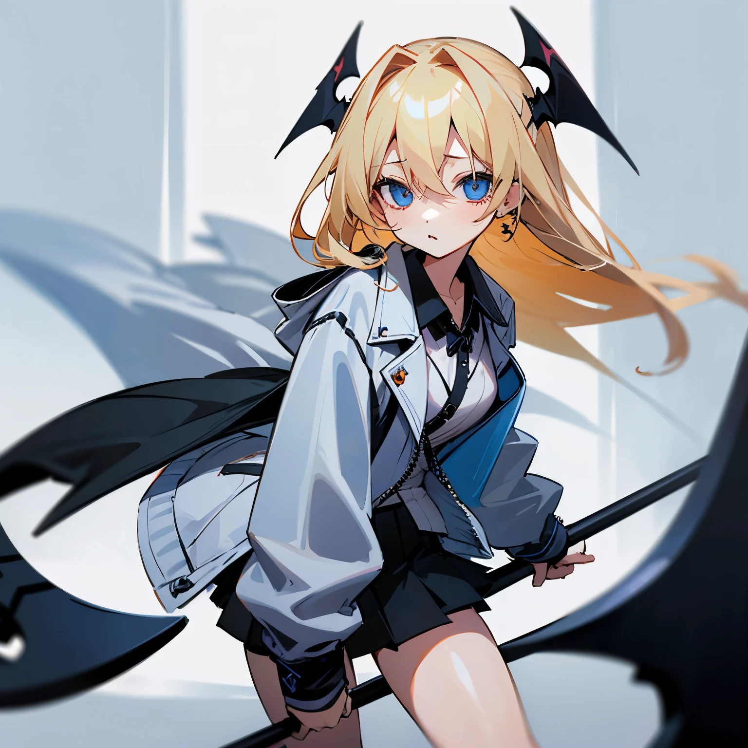 blonde、light blue eyes、fluffy、mini skirt、girl、cute、Grim Reaper&#39;s Scythe
