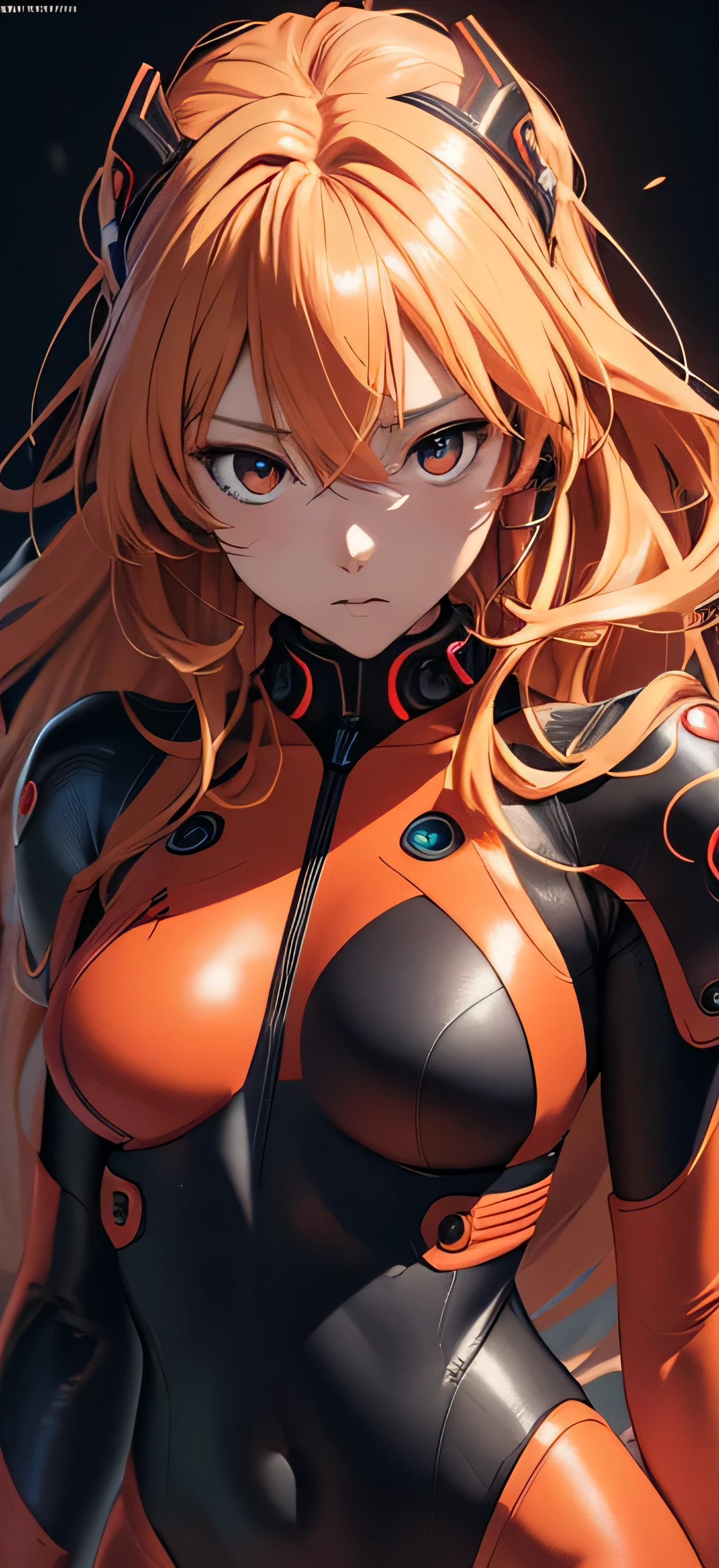 official art, Unity 8K wallpaper, ultra detailed, beautiful and aesthetic, masterpiece, best quality, realistic, Full body Shot, skindentation, souryuu asuka langley, headset interface, bodysuit under clothes, detailed eyes, detailed face, detailed hair, black background, straight-on, looking at the viewer, shiny
