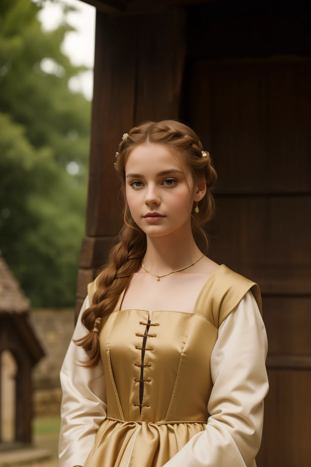 England, 1339. A young ((((22-year-old)) Caris Wooler)), attractive, expressive eyes, standing in a stage in the village square, ((terror expression)). ((((clothings from the 1300s, gown)))), ((light chestnut hairstyle of the 1300s))