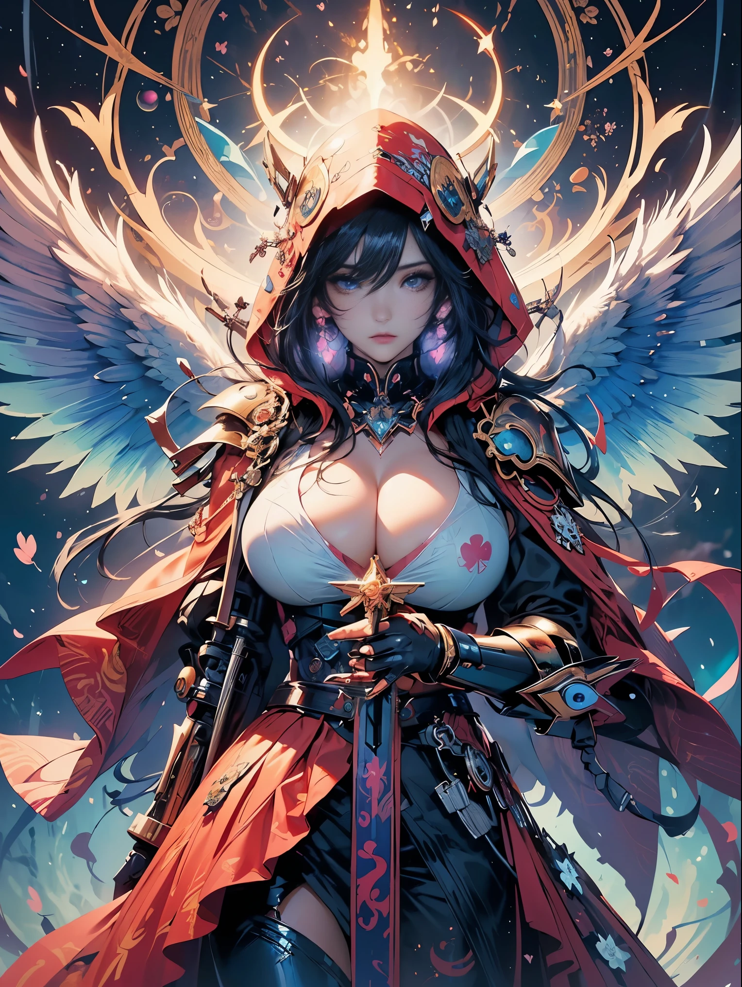 (masterpiece, top quality, best quality, official art, beautiful, cosmic, atmospheric, psychedelic, dreamlike, swirling psychedelic cosmic graffiti patterns,,aesthetic:1.2), (1girl, neon black hair, mecha, beautiful, sexy, beautuful highly detailed hooded mecha battle armor, mecha angel wings, tons of tattoos and piercings, super huge enormously gigantic tits, cleavage showing), extreme detailed,(fractal art:1.3),colorful,highest detailed, cherry blossoms blowing in the wind
