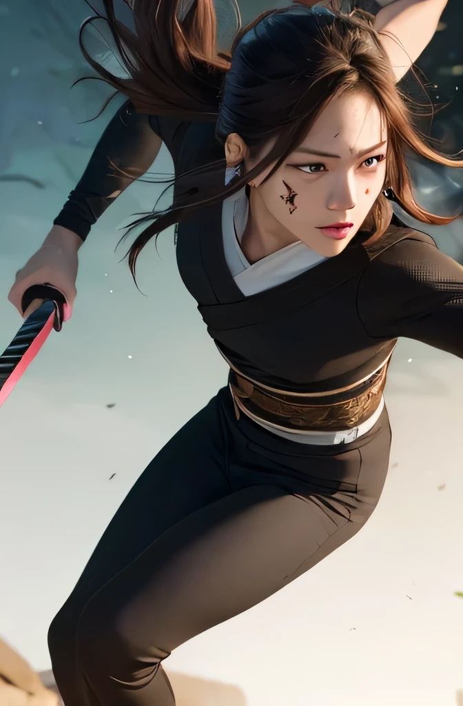 (masterpiece, highest quality:1), (realistic:1.2), light, written boundary depth, (detailed face, face focus:1), game CG, Super detailed, 8k, intricate details, hiqcg,
1 girl, alone,anime, looking at the viewer, kunoichi, 15 years old, full body image, ninja pose, Japanese sword, kunoichi's clothes, Upper body, Ninja Run, small facial scar, full body image,