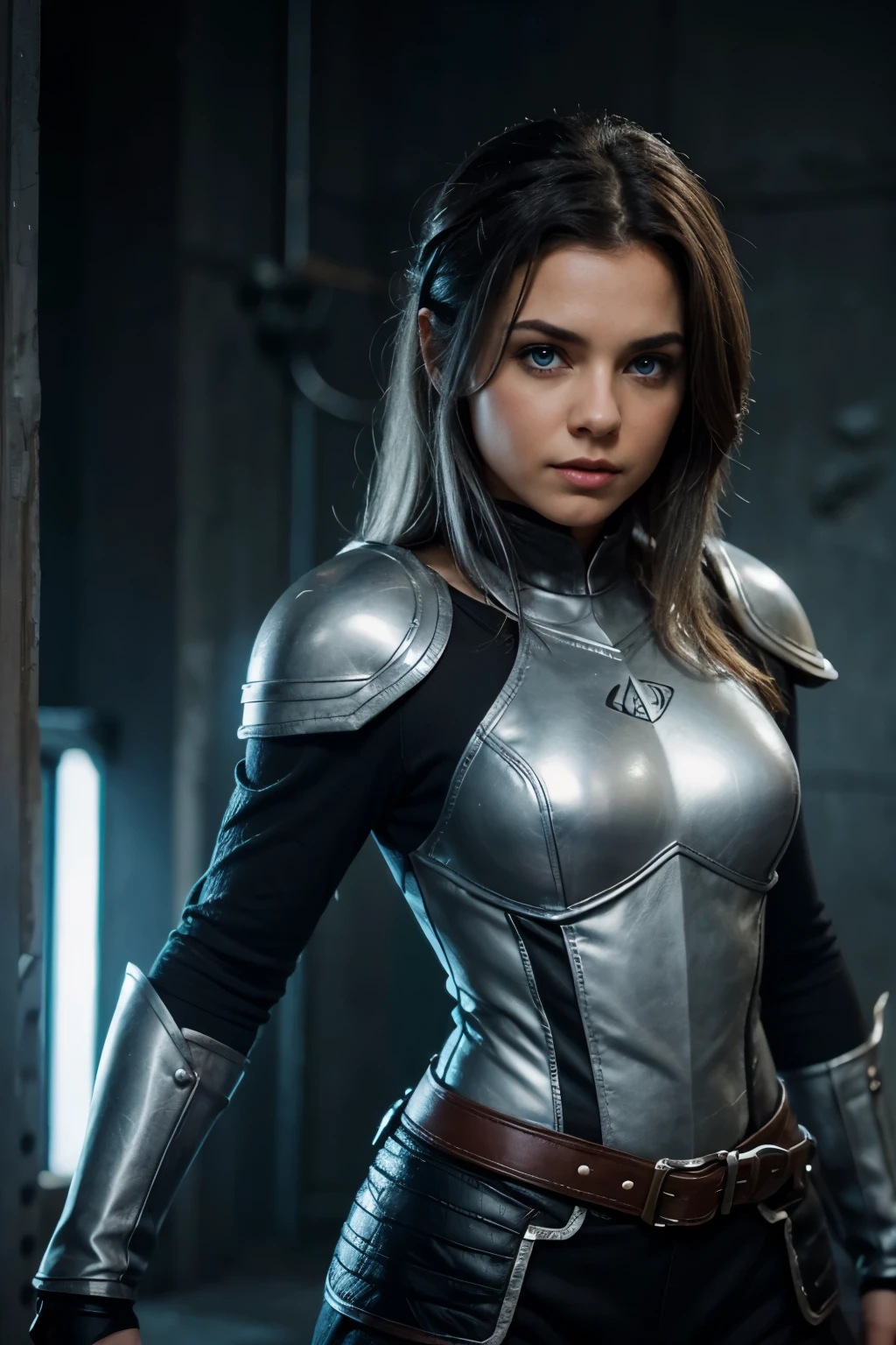 cute halfling thief woman with thick grey hair and bright blue eyes in leather armor