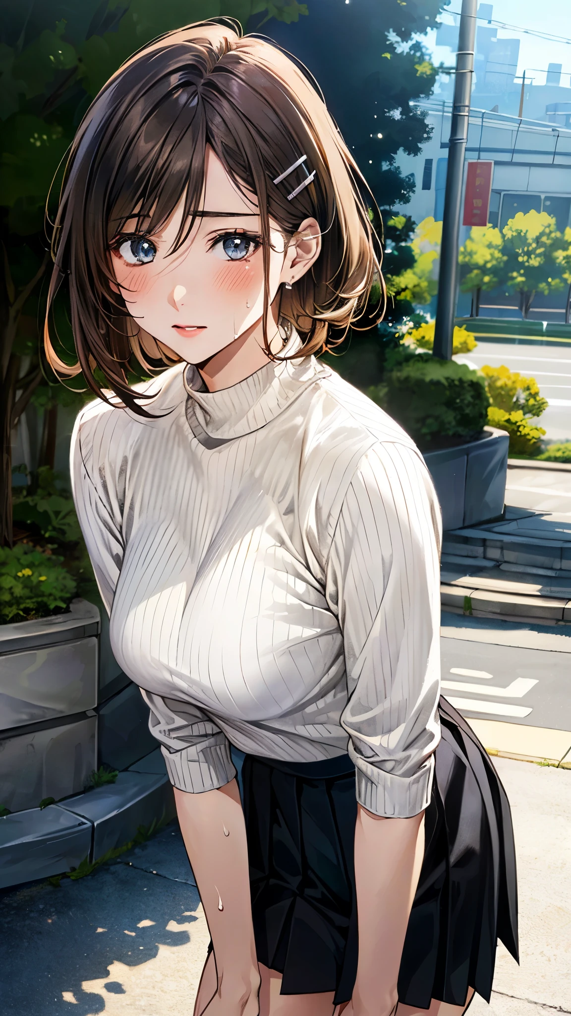 (masterpiece:1.2, top-quality), (realistic, photorealistic:1.4), beautiful illustration, (natural side lighting, movie lighting), 
looking at viewer, full body, 1 girl, japanese, (receptionist), 20 years old, perfect face, (perfect ???????), cute and symmetrical face, shiny skin, 
(short hair, straight hair, light brown hair), hair between eyes, dark blue eyes, hair clip, long eye lasher, (medium breasts, seductive thighs, big ass), 
beautiful hair, beautiful face, beautiful detailed eyes, beautiful clavicle, beautiful body, beautiful chest, beautiful thigh, beautiful legs, beautiful fingers, 
((insanely detailed clothes, ivory high neck sweater, black pleated skirt)), 
(beautiful scenery), depth of field, late afternoon, (park, cityscape in the distance, (hide own chest with arms, leaning forward)), drinking fountain, (sweat, surprised), 
