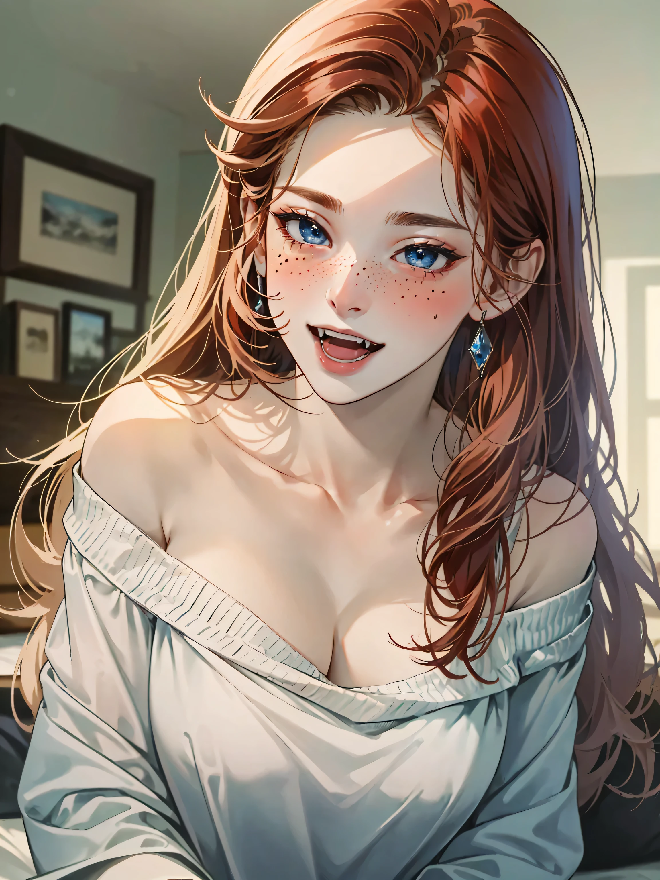 (((Masterpiece, Best quality, A high resolution)))), extremely detailed 8k, (mature woman:1.5) (Ultra HD, ultra detailed, very detailed, very realistic, Ultra-realistic, realistic photography), (1 girl:1.5), (One:2), (very nice), (pale skin:1.5) long wavy hair, Blue eyes, (redhead), (big breasts:1.2), Cute face, in room, freckled face:1.5), (open mouth) (I look at the viewer) (bare shoulders) (off the shoulder) (blushing) (Upper body) (Seductive facial expression) (Bedroom) (leaning forward) (from below) (Fangs) (happy)