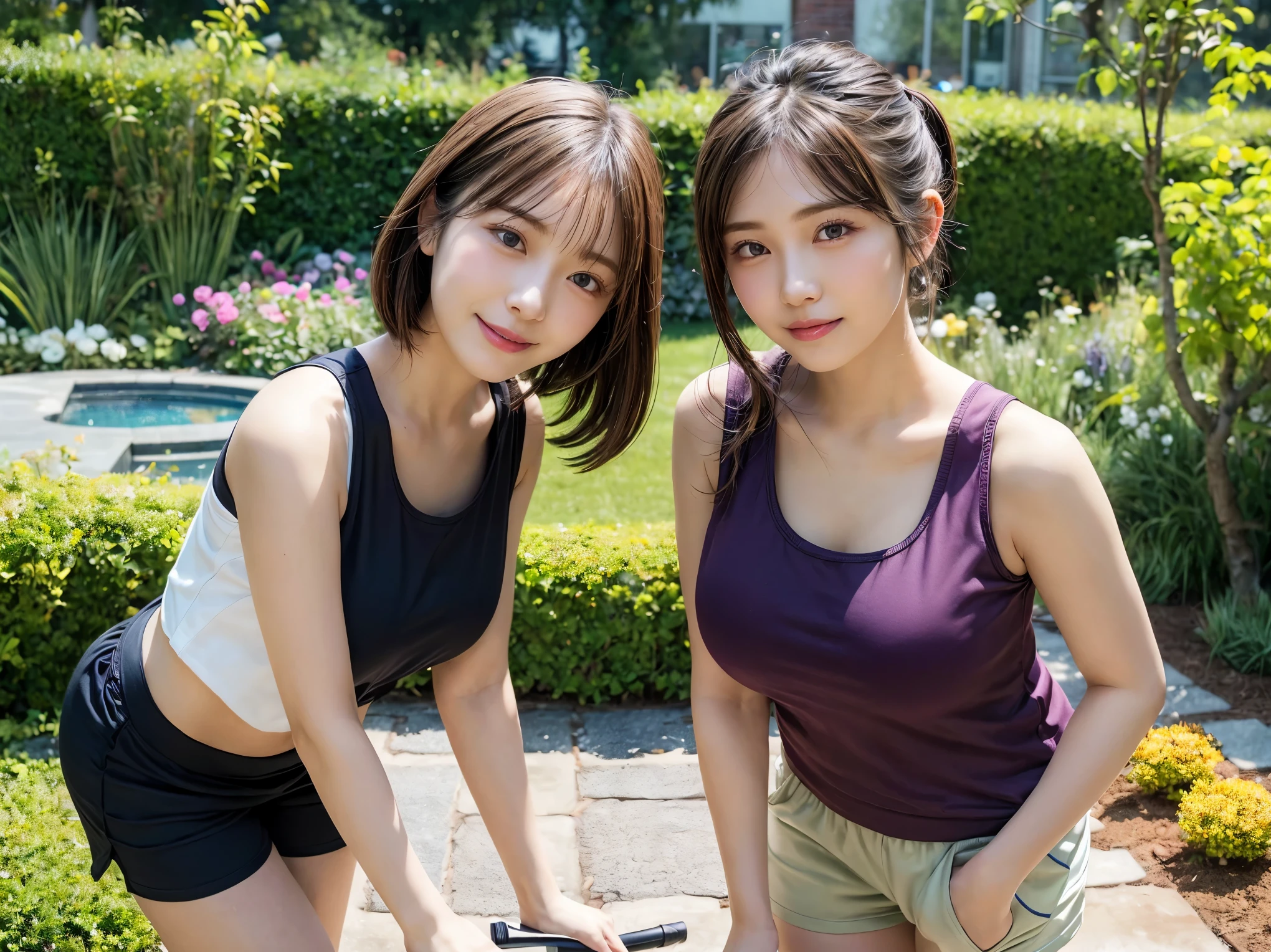 ((masterpiece)), ((highest quality)), (Super detailed), ((very detailed)), 4k, (8k), highest quality, (beautiful), shape, anime style, hyper genuineistic, genuine, dynamic angle, (((close))), thick outline, clear outline, (two girls, two cute girls:1.5), (Tank top, shorts:1.3), beautiful light brown hair, beautiful brown eyes, ((beautiful eyes)), (super cute face:1.3), short hair, big breasts, light smile, (garden, jogging:1.5)