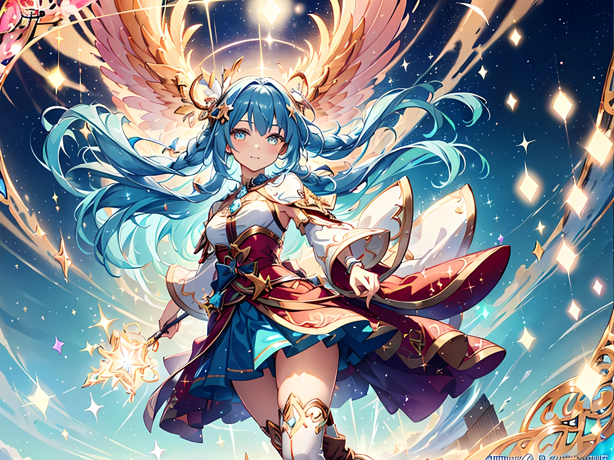 ((magical )), ((Gorgeous starry sky background)), ((Ultra-detailed)), ((Best Illustration)), ((Cinematic lighting)), Dynamic Angle, Floating, finely detailed,transparent costume, (glitters:1.2), (Sparkle:1.2), (Shine:1.2), (Best quality), (Masterpiece:1.2), (Anime style), (Solo), Beautiful detailed face, (Cute face:1.3), Colorful hair, (Long hair:1.2), (Floating hair:1.2), (magical girl outfit), detailed outfits, (Sparkling wand:1.3), (Magical effect:1.3), (Flowing skirt:1.2), (Cute boots:1.1), (Transparent fabric:1.1), (Twinkle:1.2), (Glow:1.2), (Radiance:1.2), (Flicker:1.2), (Dark style:1.2)