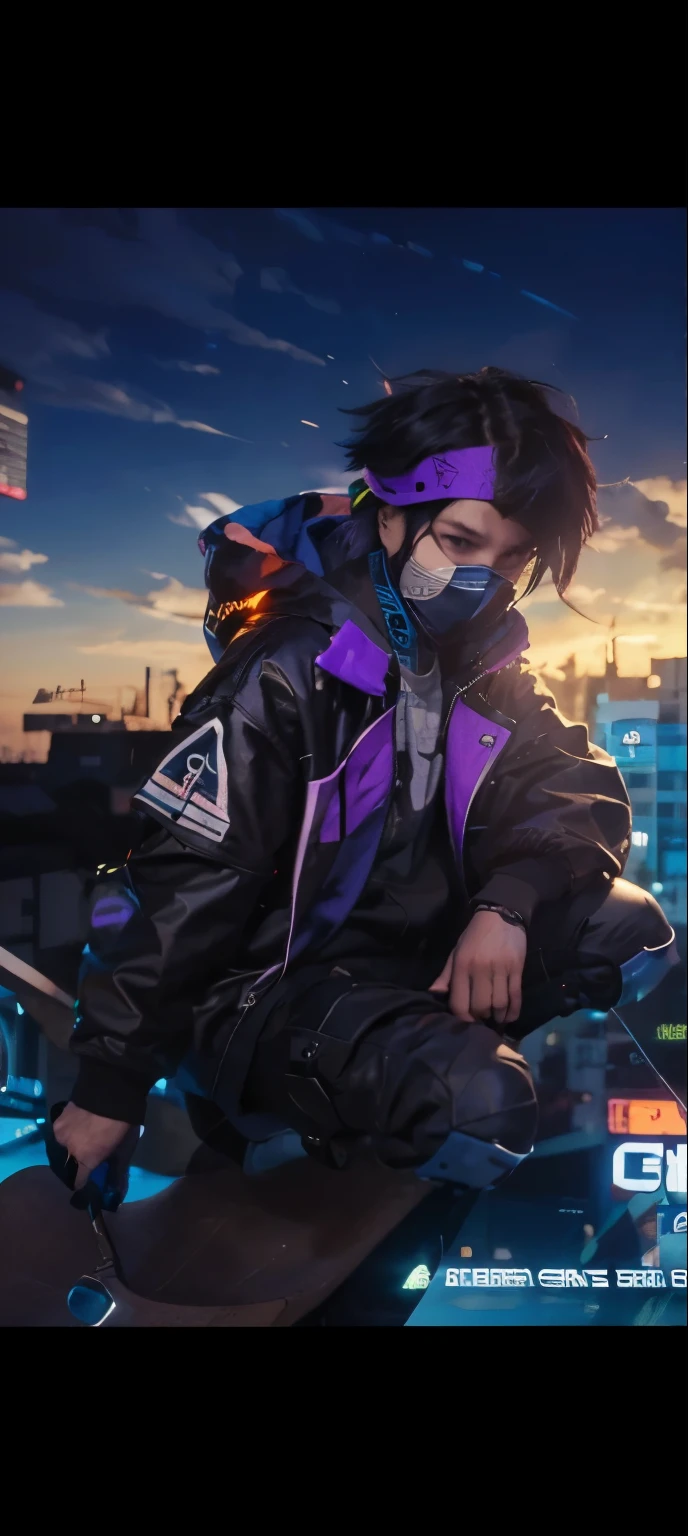 a close up of a boy on a skateboard on a city street with masker  , digital cyberpunk art, anime cyberpunk art, cyberpunk  in hoodie, cyberpunk hero, boy cyberpunk, cyber future jacket, digital cyberpunk ,  style 4 k, like a picture