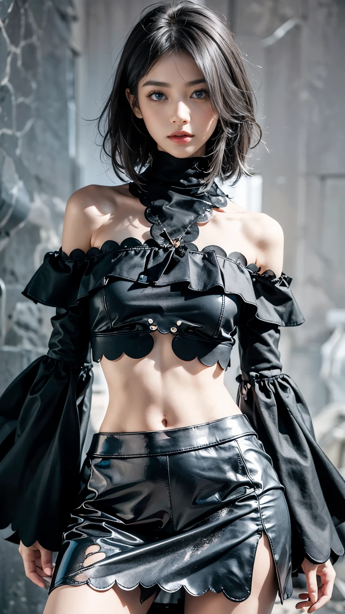 fashion brand collection, highly detailed, beautiful, masterpiece, best quality, Geometric style, abstract beauty, Beautiful and cute perfect model, (all body shot, standing and posing:1.3), BREAK latex, Glossy, Liquid, rubber, BREAK (turtleneck:1.2), (bell sleeve crop top with scalloped trim:1.4), ((off shoulder, bare stomach):1.3), (black theme:1.2), BREAK ((patchwork of fish net and leather:1.2), black maximum A-line Complex simple skirt):1.2),(complex triangular silhouette, triangular hanging cloth skirt, complicated hanging cloth skirt, large cloth that hides the legs, Complex maximum layered skirt, Layered many many Triangular), (gray hair, blue eyes:1.4), (fog and mist Blurred background, Perfect and beautiful concrete background:1.4),(Art works based on black and white,, inorganic and nostalgic light:1.4),
