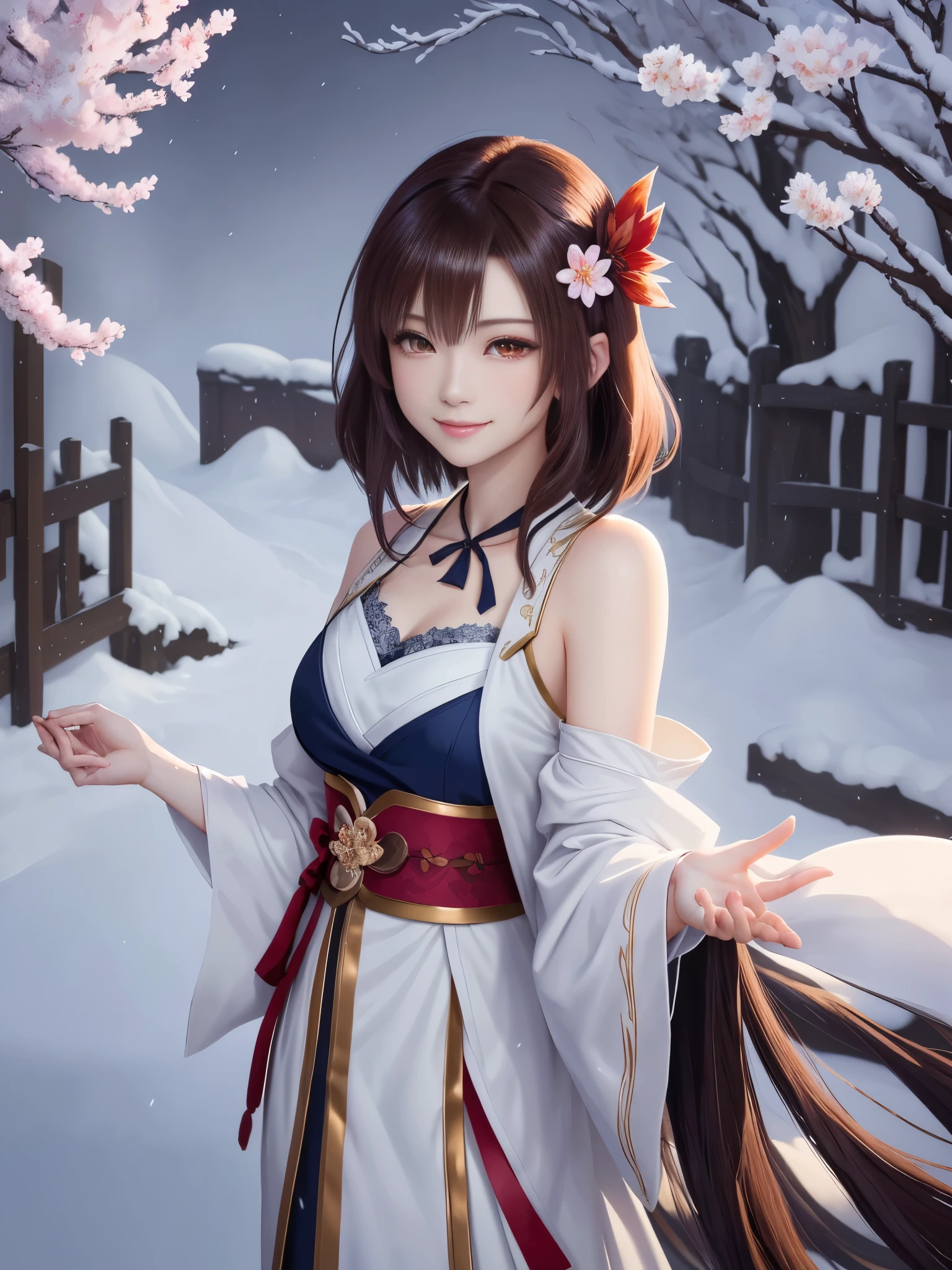 masterpiece , best quality,smile,smile,small face,shoulder exposure,some cleavage exposure,bright brown hair,slender body shape,brown eyes,sharp contrast,short hair,美しいフォルムのshort hair,just one person,precision quality,Faithfully reproduced eyes, 一面に咲くcherry blossom background,snow scene,masterpiece, 幻想的なcherry blossom background,night,nightの背景,cherry blossom background,beautiful details, colorful, delicate details, delicate lips, intricate details, genuine, ultrargenuineista, 枝に座っている色とりどりの髪のFoxを持つ女の子:Mature, bright eyes, ,色とりどりのFox, raposa de nine tails, 三尾Fox, 三尾Fox, onmyoji detail art, beautiful fine art illustration, mythical creatures, Fox, beautiful digital art,shrine maiden,hold hands,exquisite digital illustration, mizutsune, Inspired by mythical wild web creatures, pixiv in digital art, shining light, high contrast, Mysterious,