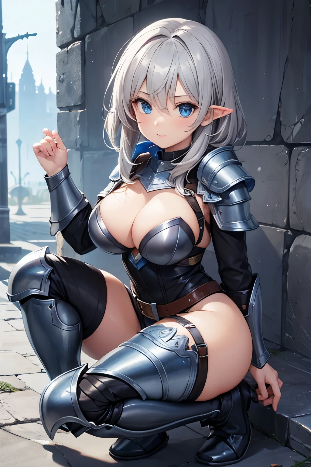 cute halfling thief woman with thick grey hair and bright blue eyes in leather armor