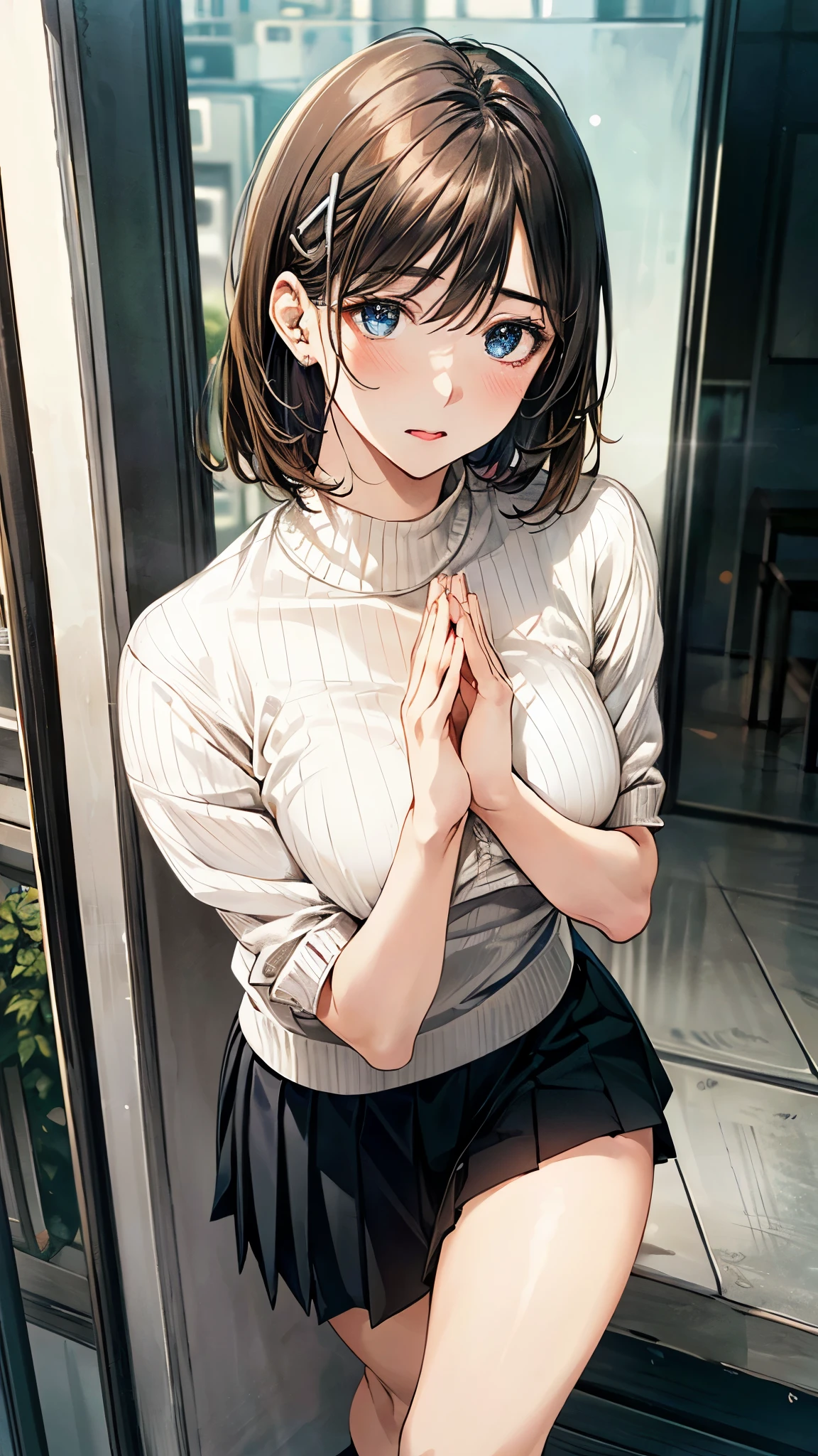(masterpiece:1.2, top-quality), (realistic, photorealistic:1.4), beautiful illustration, (natural side lighting, movie lighting), 
looking at viewer, full body, 1 girl, japanese, (receptionist), 20 years old, perfect face, (perfect anatomy), cute and symmetrical face, shiny skin, 
(short hair, straight hair, light brown hair), hair between eyes, dark blue eyes, hair clip, long eye lasher, (medium breasts, seductive thighs, big ass), 
beautiful hair, beautiful face, beautiful detailed eyes, beautiful clavicle, beautiful body, beautiful chest, beautiful thigh, beautiful legs, beautiful fingers, 
((insanely detailed clothes, ivory high neck sweater, black pleated skirt)), 
(beautiful scenery), depth of field, late afternoon, (park, cityscape in the distance, (hide own chest with hands, leaning forward)), (surprised:1.5, opem mouth), 