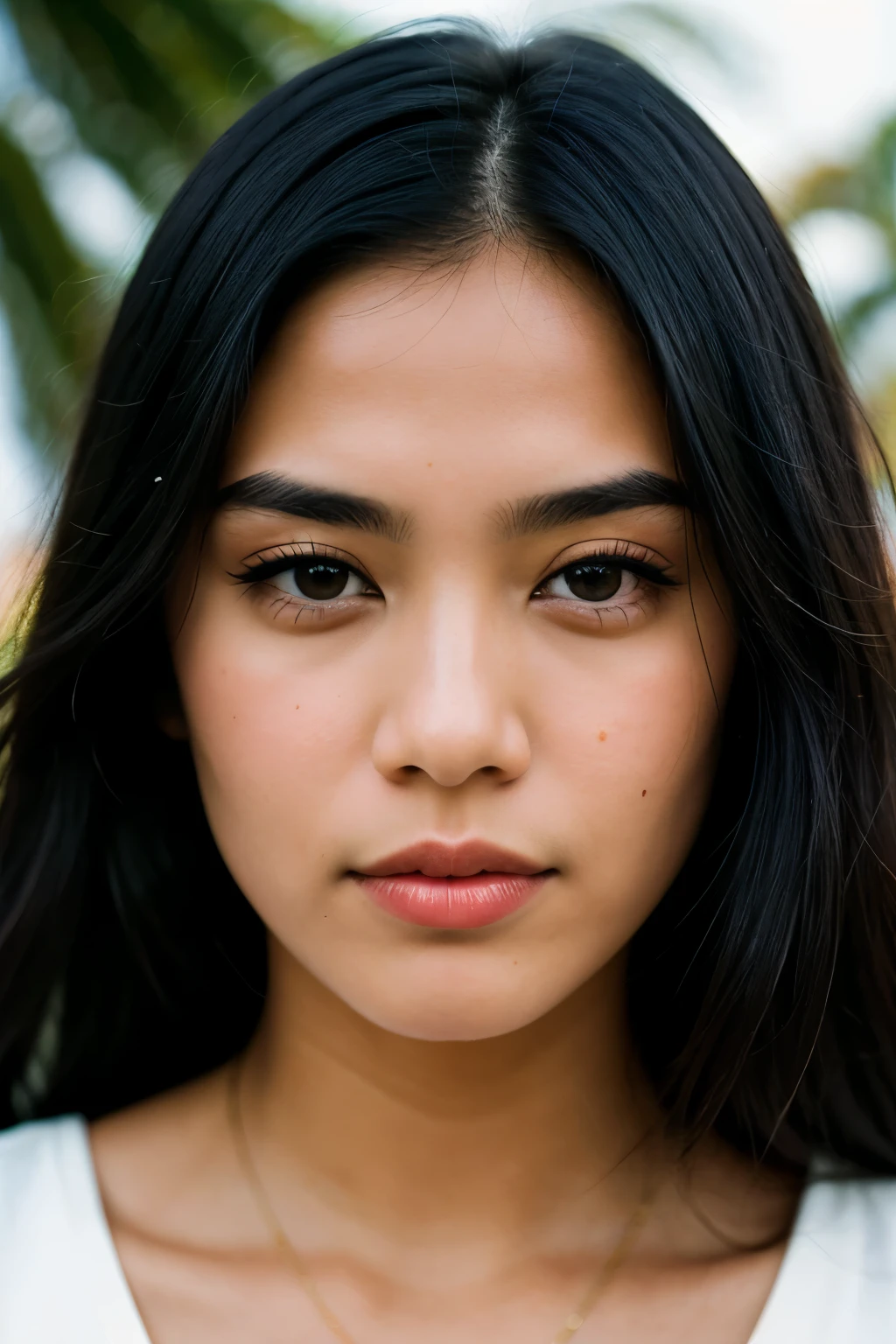 Photograph of a woman, (sympathetic expression on his face), Ultra textured leather, goosebumps, jet black hair half up and half down, slightly Asian looking eyes, Oval Face is more for a sharp and thin profile group, tall ancient palm trees, creating a feeling of wonder and awe, Perfect eyes, the face looks straight into the camera ((hard lighting:1.4)), Velvia 100 color, shot on CineStill 800T, hips, sharp focus on the subject, photographed by Manuela Marquez