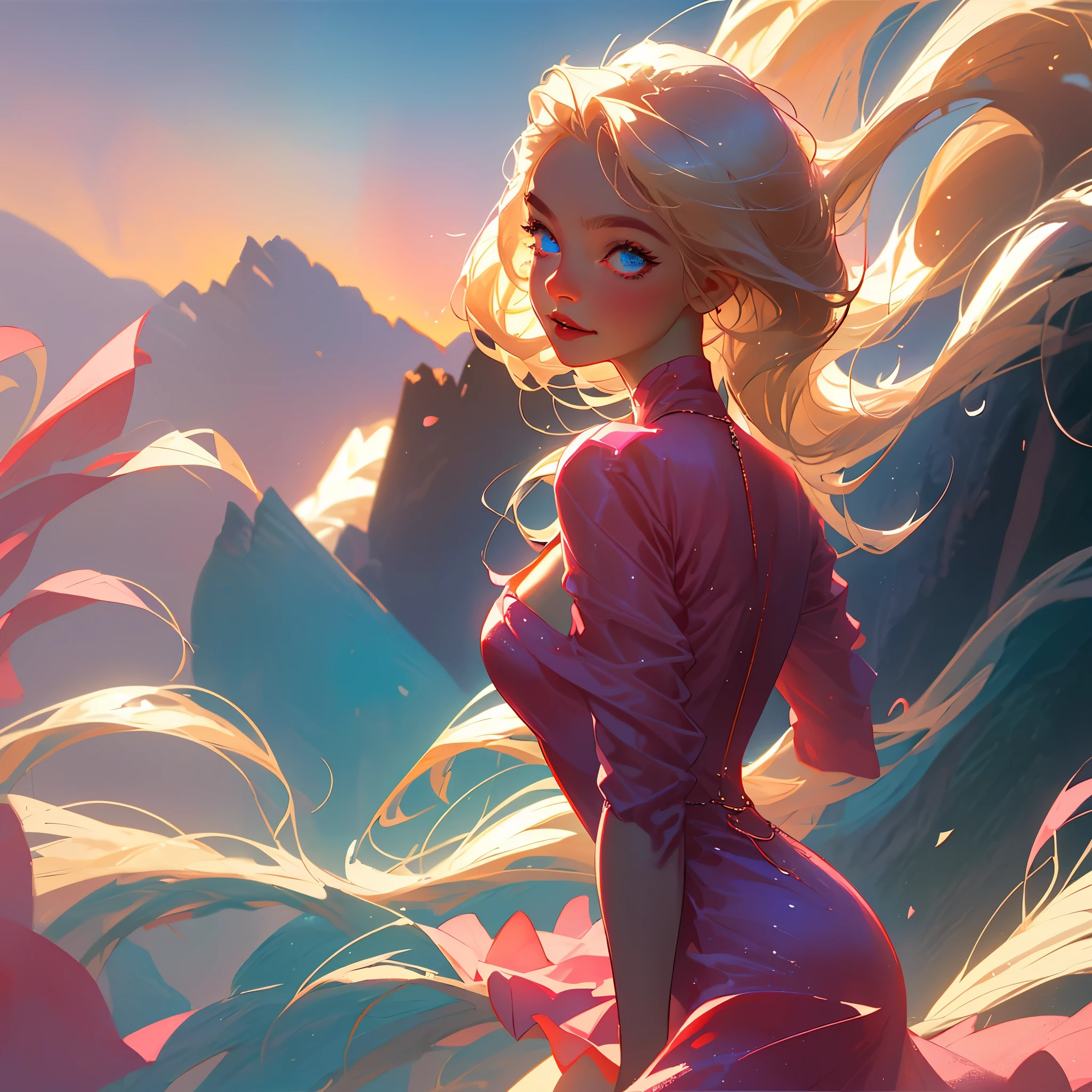 (best quality, masterpiece), only 1 girl , beautiful girl , blue eyes , blonde hair , shining hair , detailed hair , pink dress , detailed lips , glowing eyes , 8k eyes , big , clevage , happy face , lookin at sky , pink mountains , sun rising , wind flowing , hair flowing , happy expression , enjoying , cute , sexy 