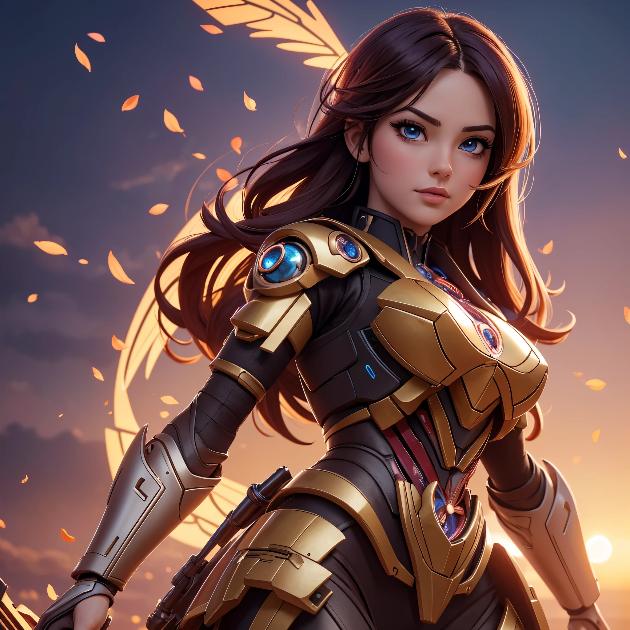 best quality,4k,8k,highres,masterpiece:1.2,ultra-detailed,realistic:1.37,A girl in a garden,beautiful detailed eyes,beautiful detailed lips,extremely detailed eyes and face,longeyelashes,(cybertron,sci-fi) background,heroic pose,cybernetic enhancements,mechanical wings,exquisite cherry blossom petals,blazing firebell pattern,moving gears and cogs,ethereal glow,warm sunset colors,anime-style,sharp focus,physically-based rendering,professional,vivid colors,bokeh