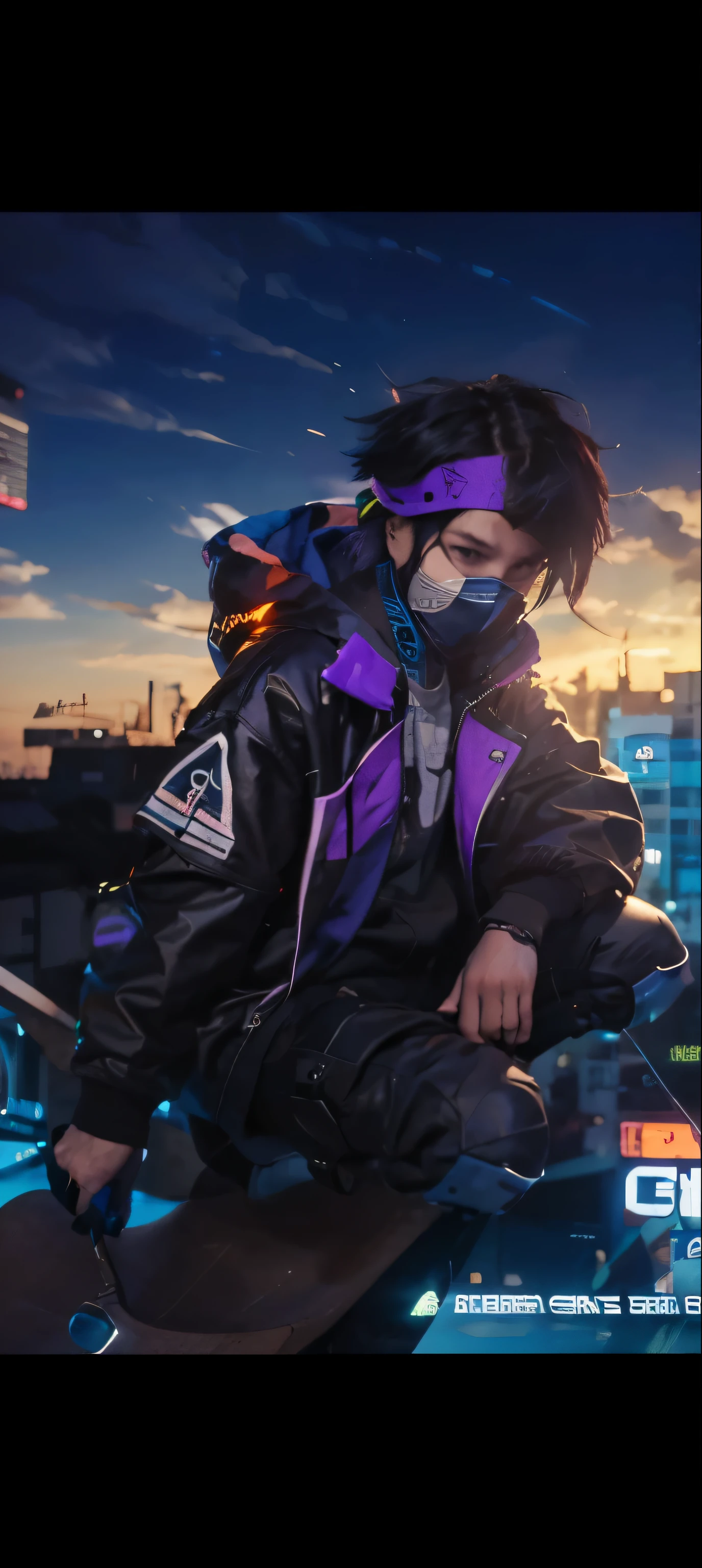 a close up of a boy on a skateboard on a city street with masker  , digital cyberpunk art, anime cyberpunk art, cyberpunk  in hoodie, cyberpunk hero, boy cyberpunk, cyber future jacket, digital cyberpunk ,  style 4 k, like a picture