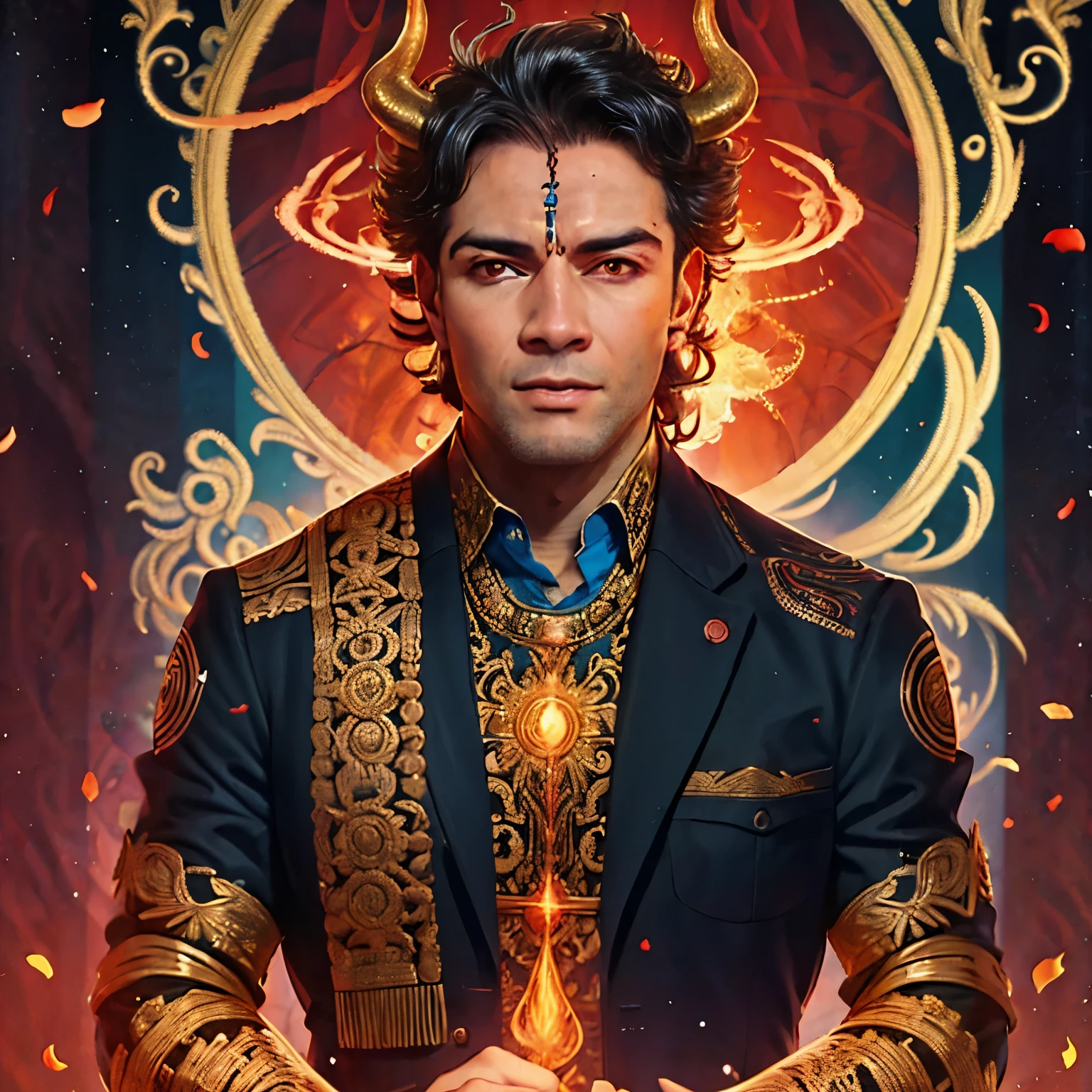 (Obra maestra, Mejor calidad:1.2), cara endiablada, diablo de fuego. Hombre diabolico con cuernos de carnero, black cuernos, cabello ondulado, fondo medieval, ojos naranjas, pair of black cuernos, un hombre, cuernos observando directamente la camara con ojos de odio