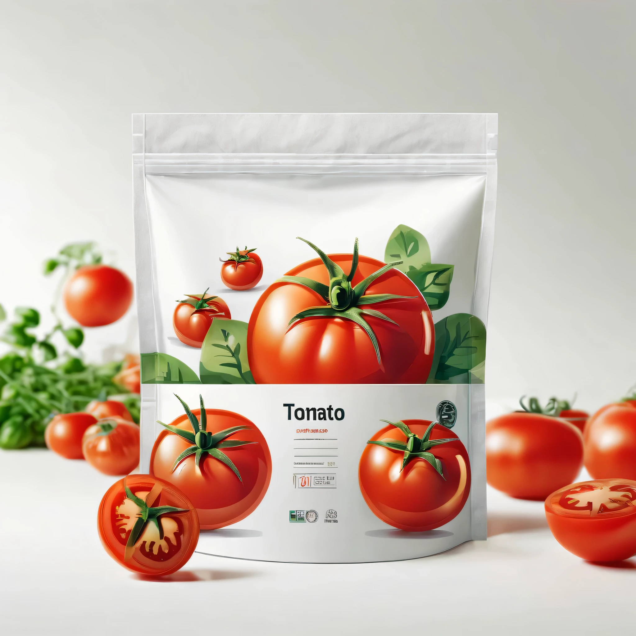 Modern packaging design, 1 tomato product packaging bag, Flat style tomato illustration, Rich in nutrients, simple white background, HD resolution, minimalist style, actual, Natural light, Glossy plastic packaging bag