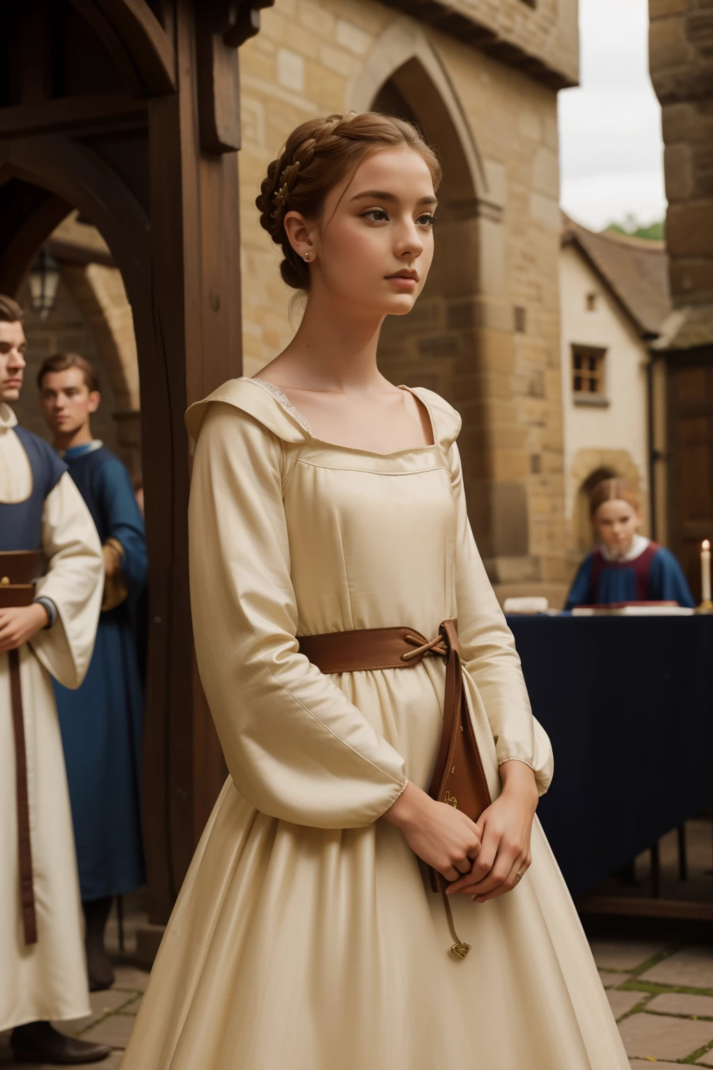 England, 1339. A young ((((22-year-old)) Caris Wooler)), attractive, expressive eyes, standing on a stage in the village square, ((panic expression)). ((((clothings from the 1300s, gown)))), ((light chestnut hairstyle of the 1300s)) 