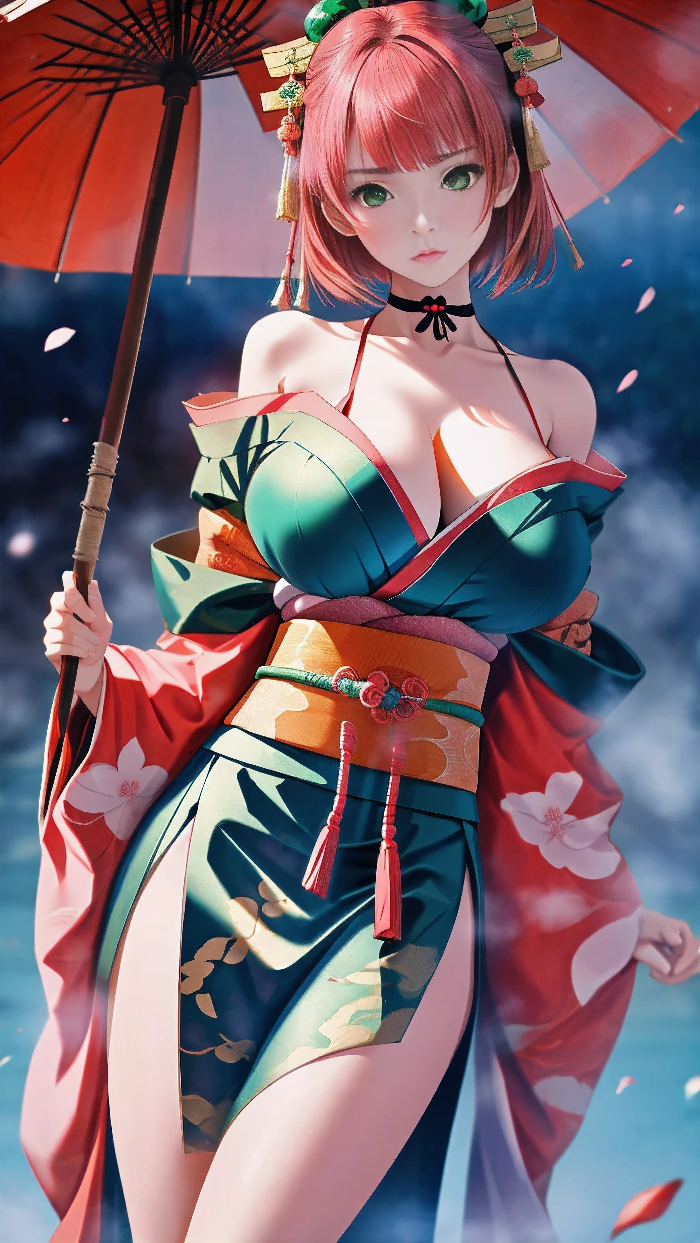 elegant photo, enticing shot of (young shrine maiden:1.1), sakura petals, (beautiful masterpiece, best quality, ultra-highres photo), unique angle, three-quarters body, taken with Sony A7, arms behind, 
BREAK 
(glimmering red hair, bobcut:1.15), (huge breasts:1.2), vulnerable frown, slim sleek figure, thin waist, (radiant:1.1), realistic skin, visible pores, light_particles, vivid, 
BREAK 
(bright emerald eyes:1.2), glowing enchanted kimono, choker, hearts, off-shoulder, reflective silk kimono, (pink and green color palette:1.2), 
BREAK 
official photo, (professional photography, extremely intimate and sensual image:1.1), perfect shadows, outside, sensual, foggy mist, Buddha statue background, shinto theme, 
