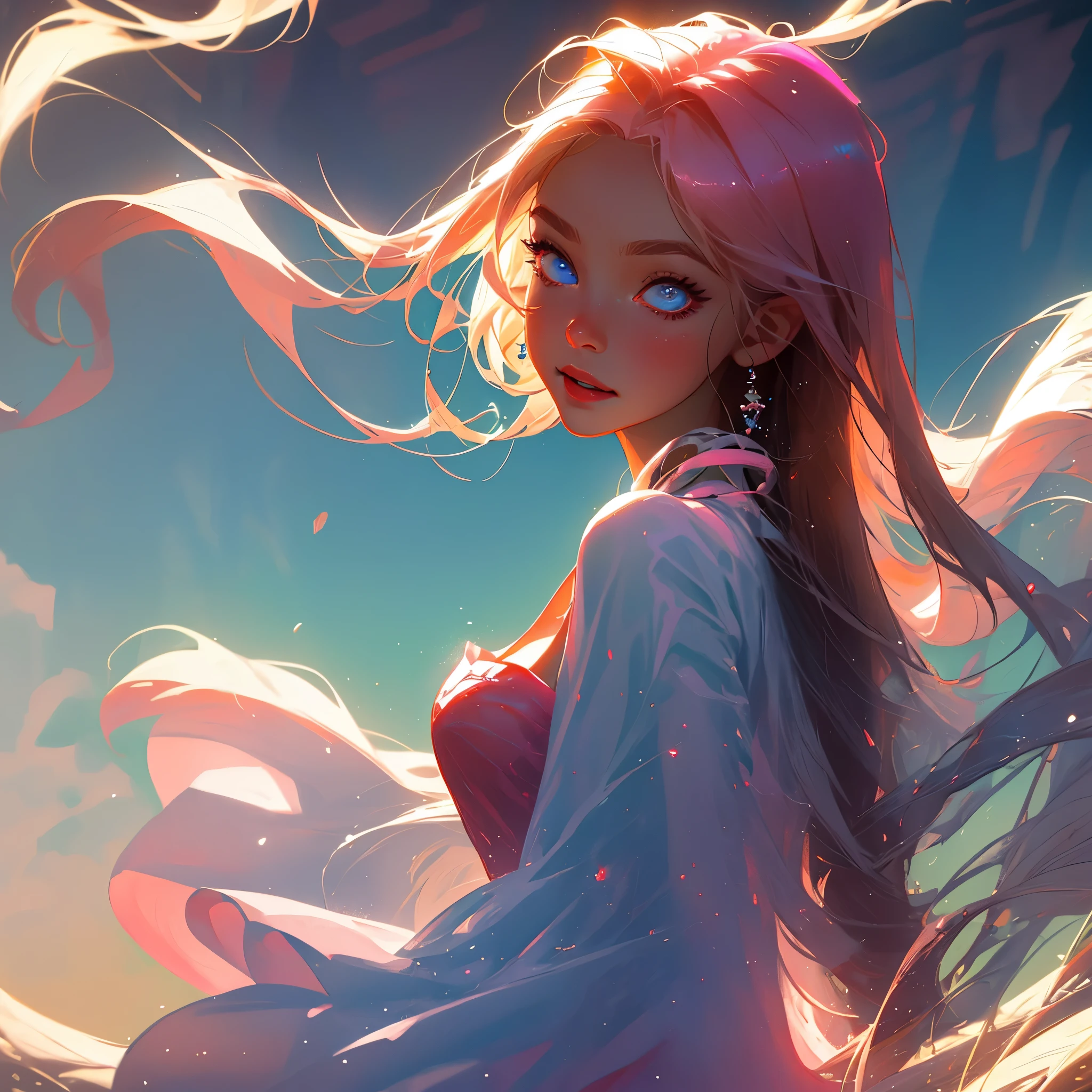 (best quality, masterpiece), only 1 girl , beautiful girl , blue eyes , blonde hair , shining hair , detailed hair , pink dress , detailed lips , glowing eyes , 8k eyes , big , clevage , happy face , lookin at sky , pink mountains , sun rising , wind flowing , hair flowing , happy expression , enjoying , cute , sexy , lights from front of her face