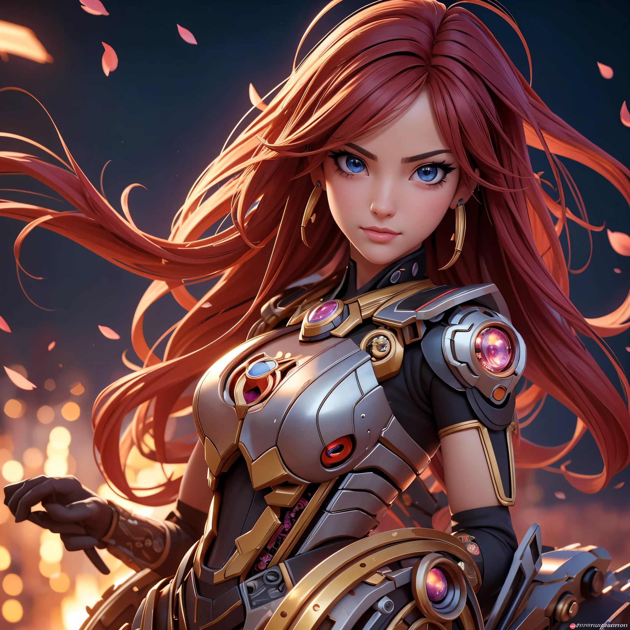 best quality,4k,8k,highres,masterpiece:1.2,ultra-detailed,realistic:1.37,A girl in a garden,beautiful detailed eyes,beautiful detailed lips,extremely detailed eyes and face,longeyelashes,(cybertron,sci-fi) background,heroic pose,cybernetic enhancements,mechanical wings,exquisite cherry blossom petals,blazing firebell pattern,moving gears and cogs,ethereal glow,warm sunset colors,anime-style,sharp focus,physically-based rendering,professional,vivid colors,bokeh