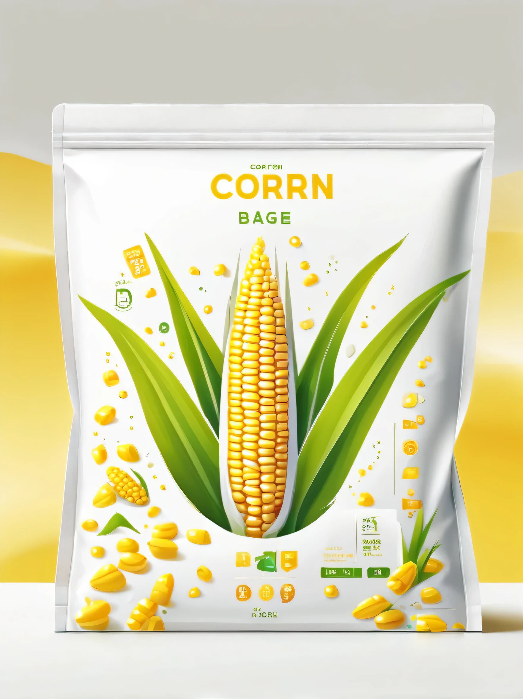 Modern packaging design, (1 corn product packaging bag),(center:1.3),flat corn chart,full of nutrition,simple white background,HD resolution,simple style,actual,Natural light, Glossy plastic packaging bag