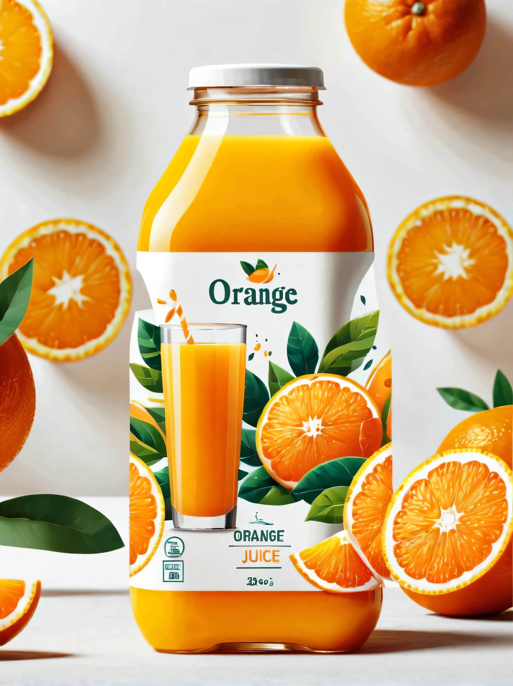 Design modern orange juice packaging, Flat illustration focusing on orange juice,Highlight the rich nutritional content of orange juice. The background should be clean、White, Emphasis on simple and practical aesthetics. Packaging should be treated as smooth plastic bags, Aim for HD clarity. Design should be simple and practical, Shoot in natural light,Enhance its professional and attractive appearance, Highlight the freshness and health benefits of orange juice.
