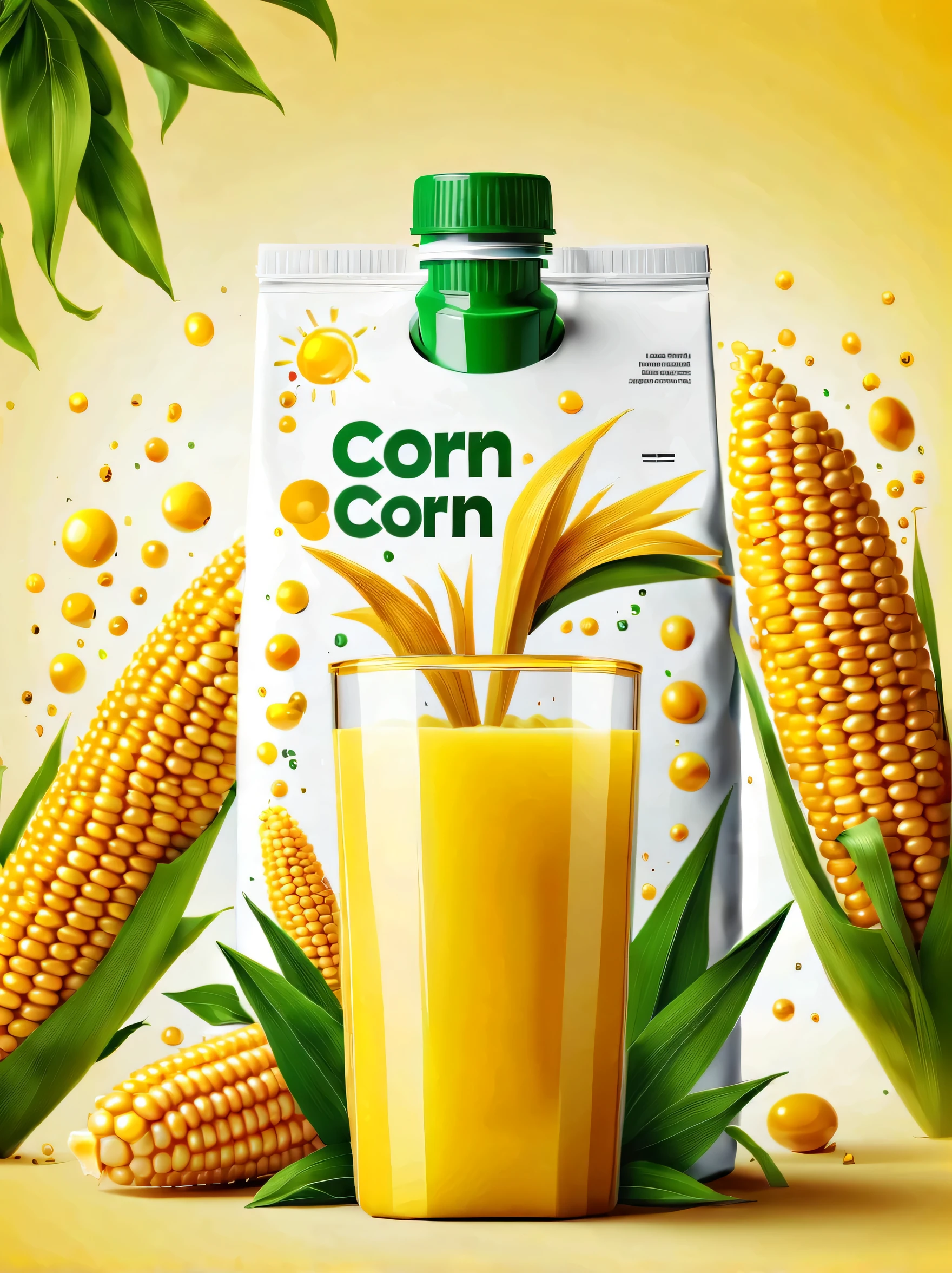 Design modern corn juice packaging，Flat style illustration focusing on corn juice, Highlight its rich nutritional content.The background should be clean、White, Emphasis on simple and practical beauty.Packaging should be in glossy plastic bags designed for HD clarity.Design should be simple and functional, Shoot in natural light，Enhance its professional and attractive appearance，and highlights the freshness and health benefits of corn juice.