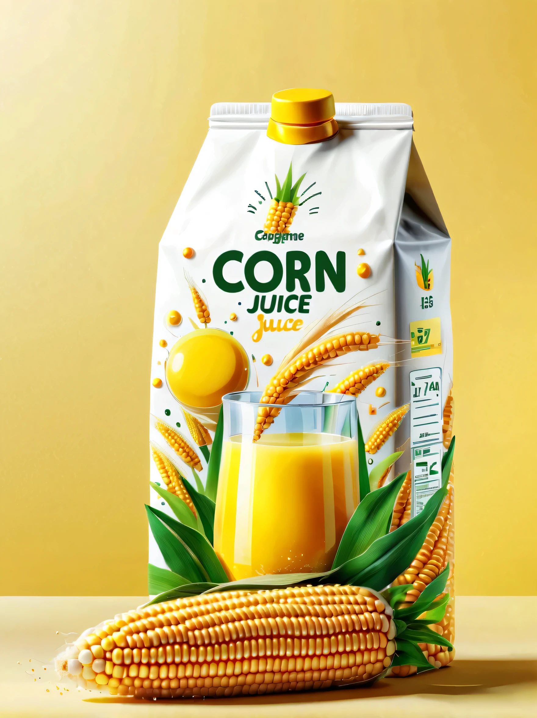 Design modern corn juice packaging,Flat style illustration focusing on corn juice, Highlight its rich nutritional content.The background should be clean、White, Emphasis on simple and practical beauty.Packaging should be in glossy plastic bags designed for HD clarity.Design should be simple and functional, Shoot in natural light,Enhance its professional and attractive appearance,and highlights the freshness and health benefits of corn juice.