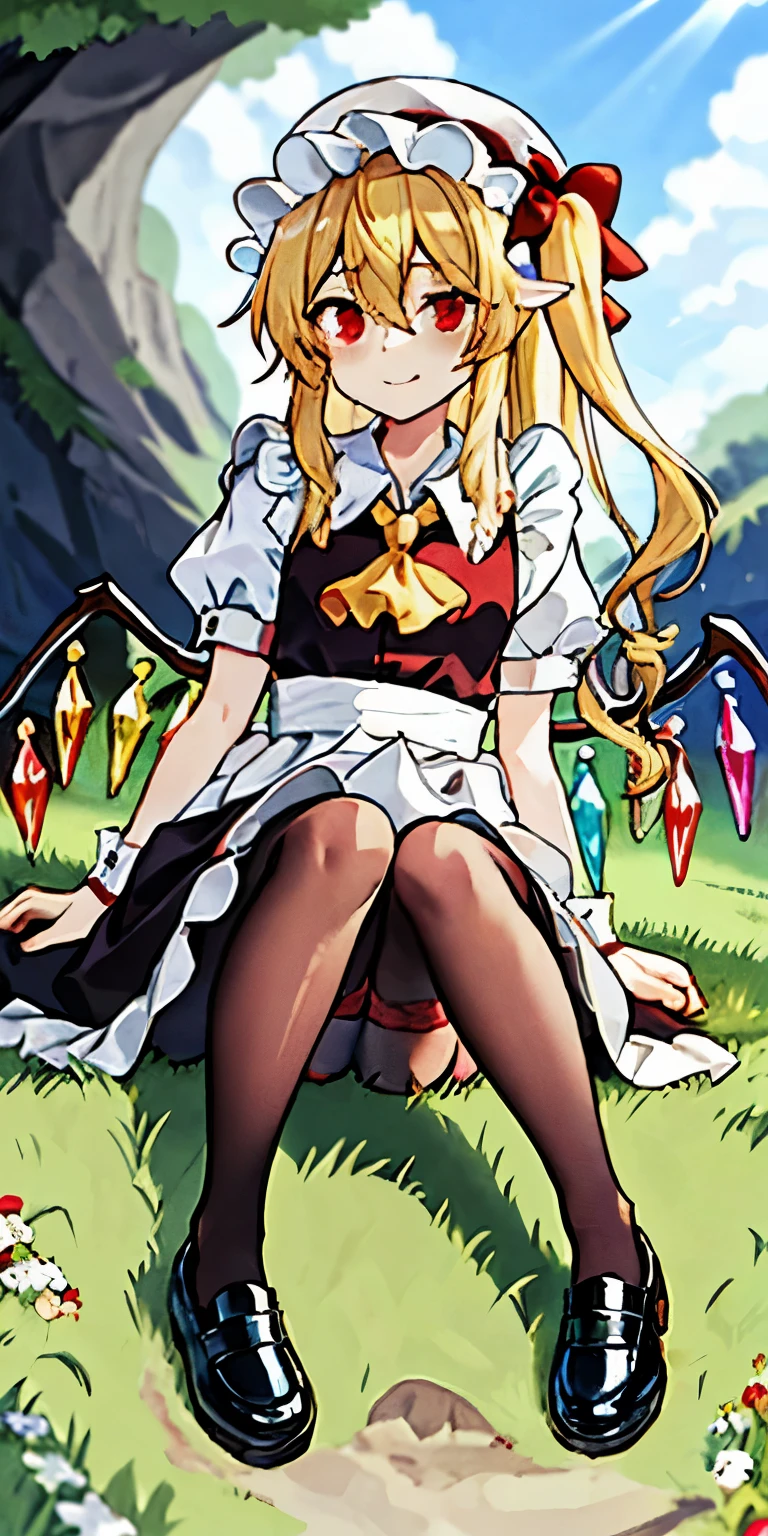 flandre scarlet (long hair) , Cute big eyes , maid attire, black pantyhose, student shoes ,Sit politely ,Sitting on the grass in a cave, there was light shining on it.