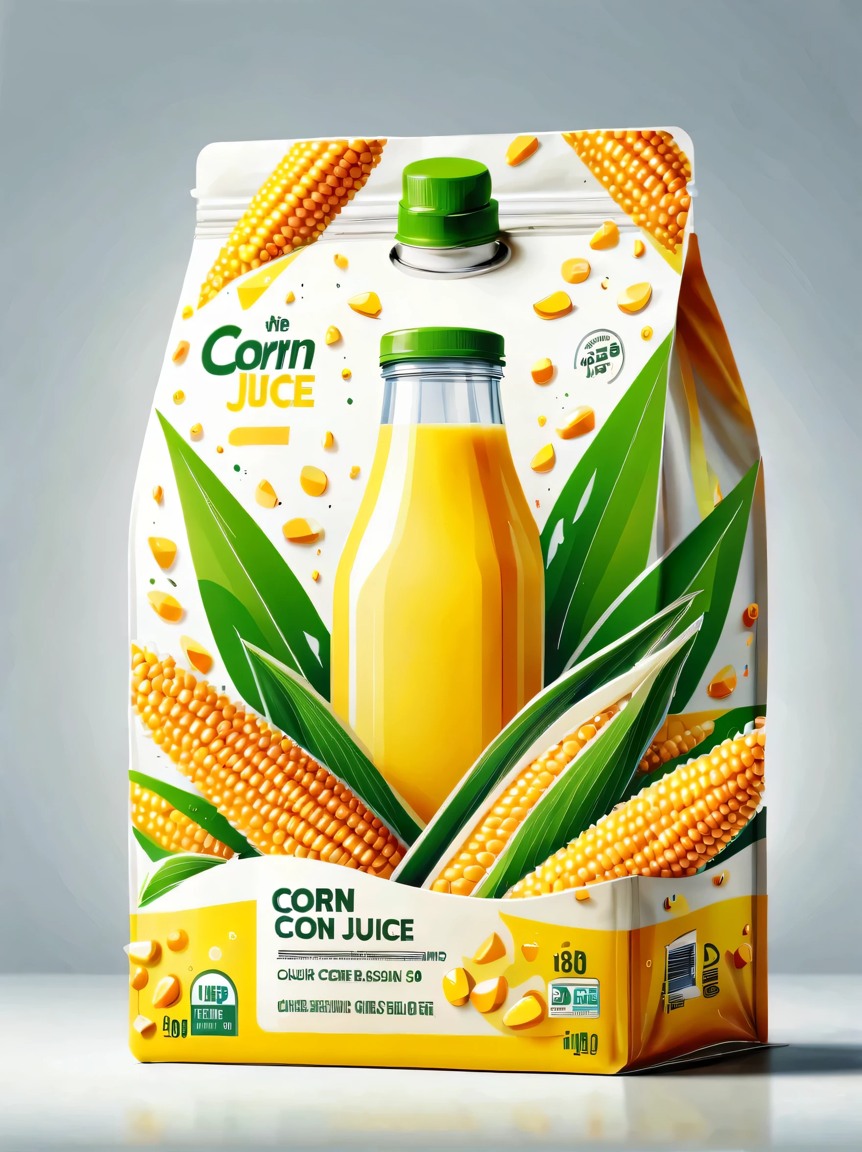 Design modern corn juice packaging，Flat style illustration focusing on corn juice, Highlight its rich nutritional content.The background should be clean、White, Emphasis on simple and practical beauty.Packaging should be in glossy plastic bags designed for HD clarity.Design should be simple and functional, Shoot in natural light，Enhance its professional and attractive appearance，and highlights the freshness and health benefits of corn juice, Glossy plastic packaging bag